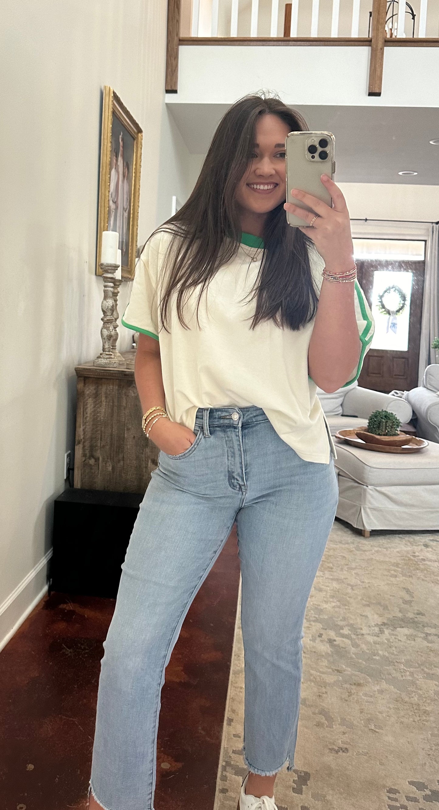 Cream and Green Basic Top