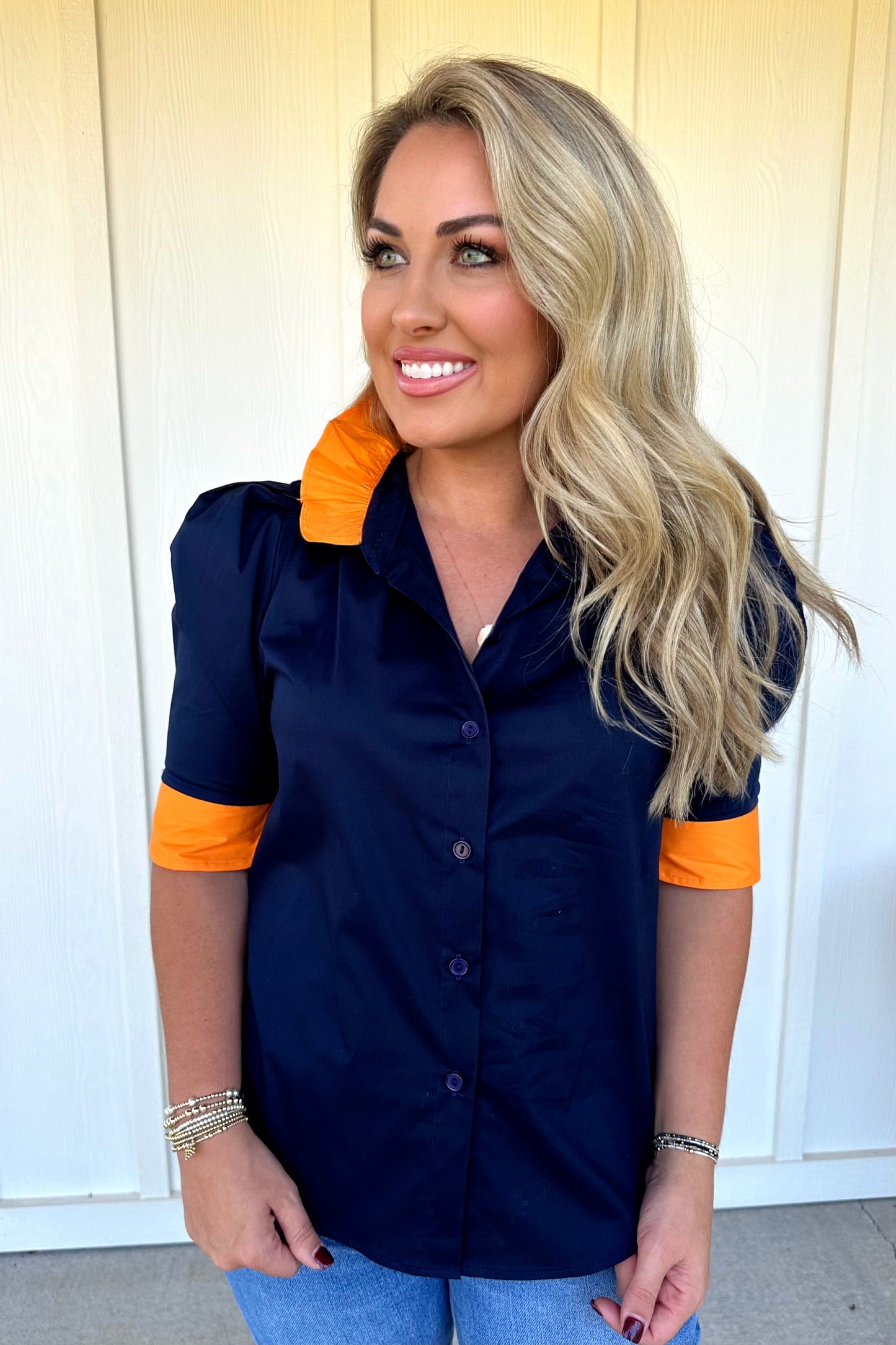 Navy/Orange Ruffle Collar Top