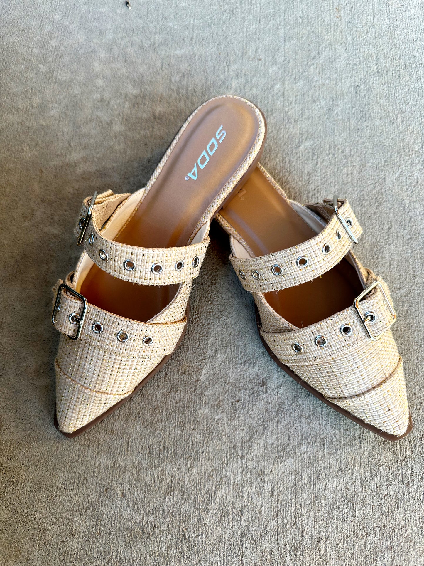 Shiny Gold Raffia Buckle Mule