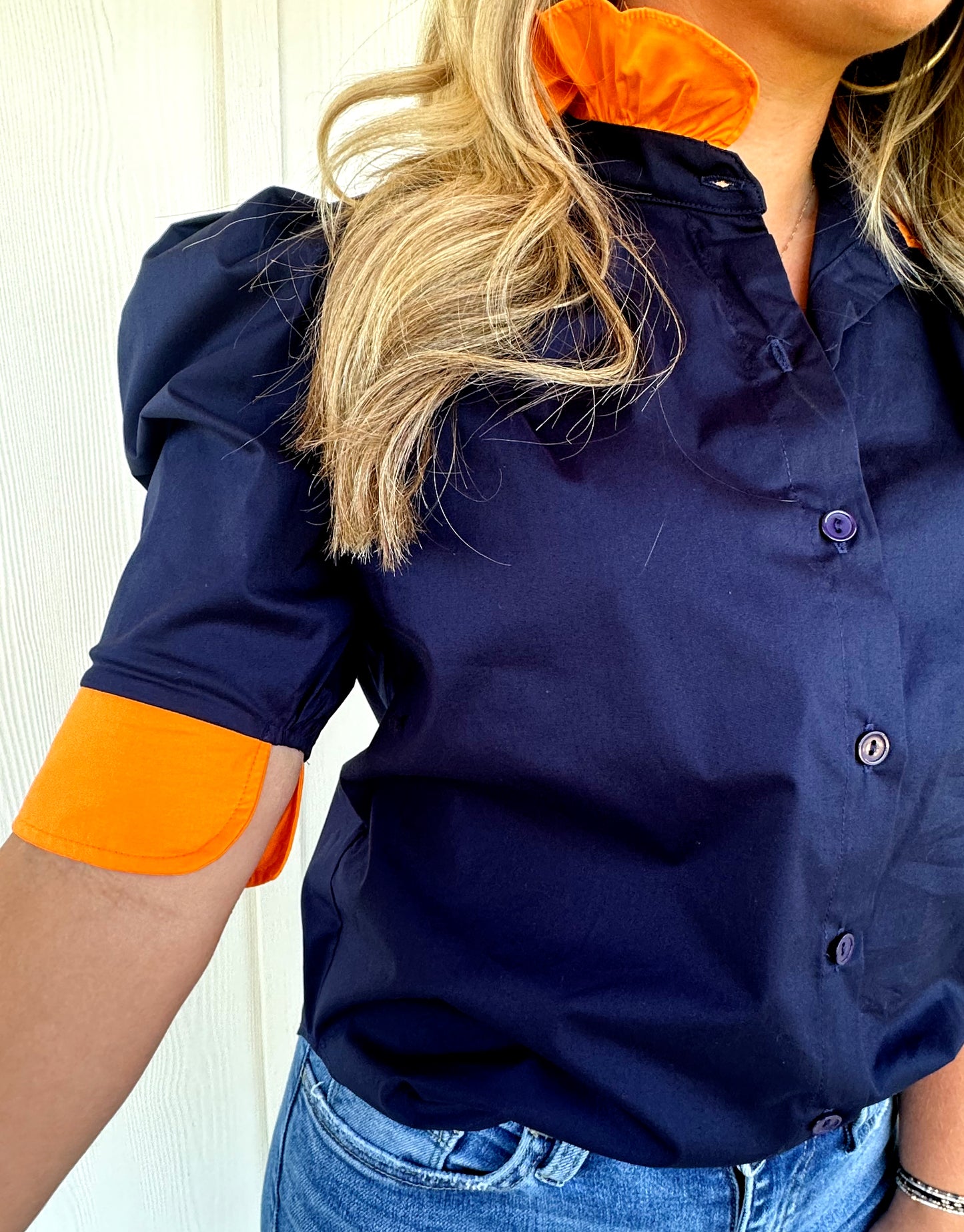 Navy/Orange Ruffle Collar Top