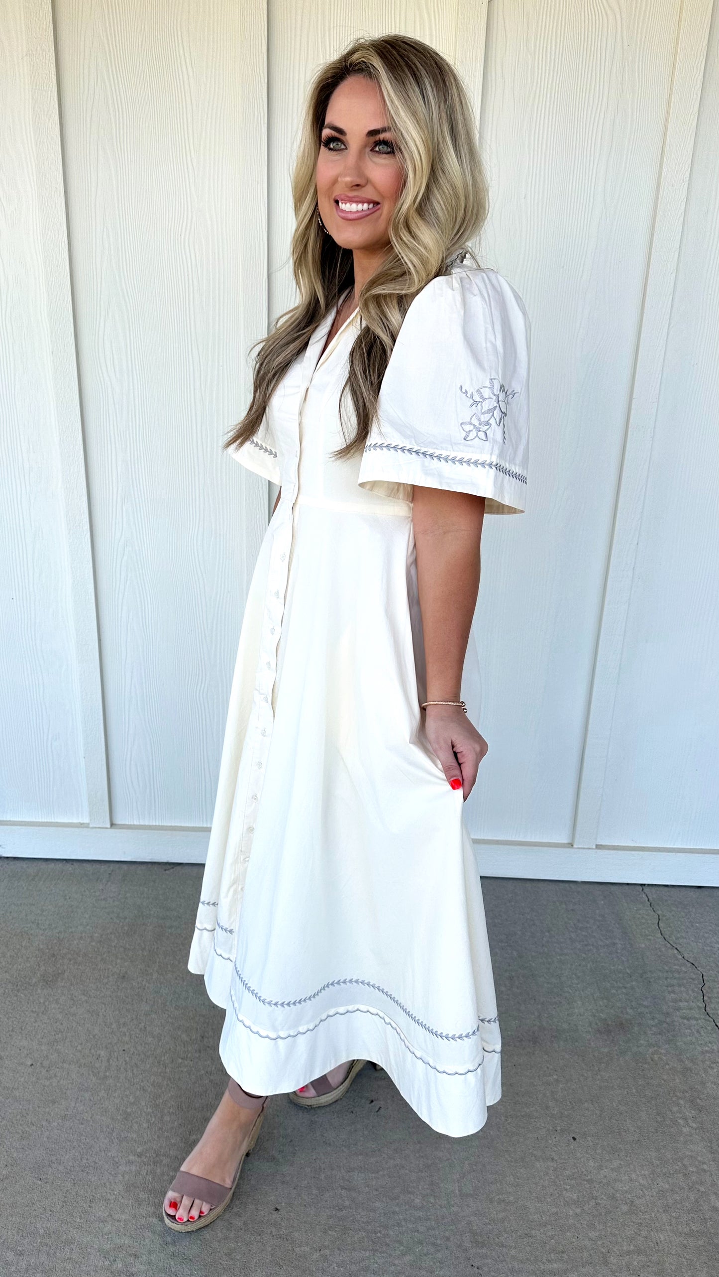 Almond Cream Embroidery Detail Dress