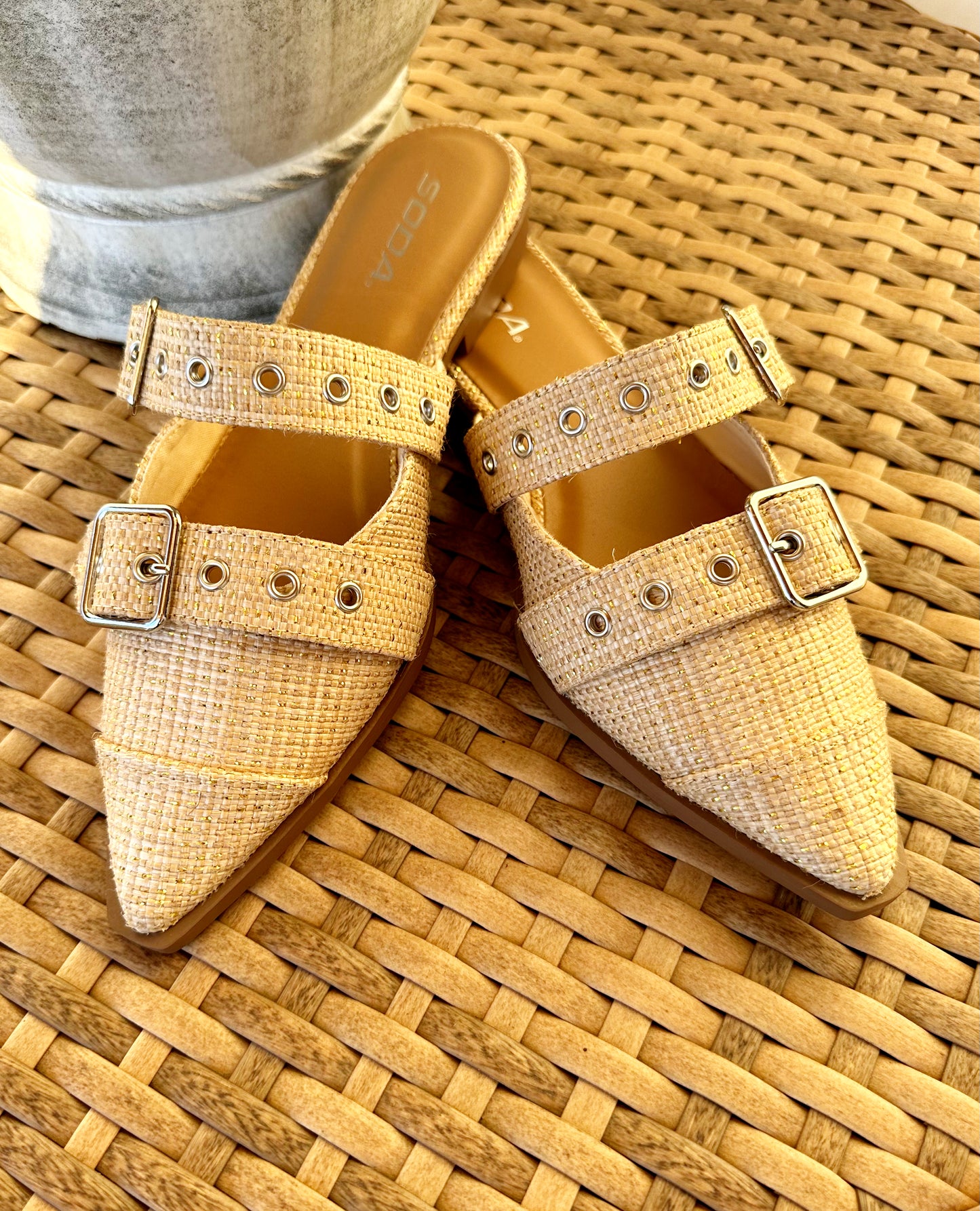 Shiny Gold Raffia Buckle Mule