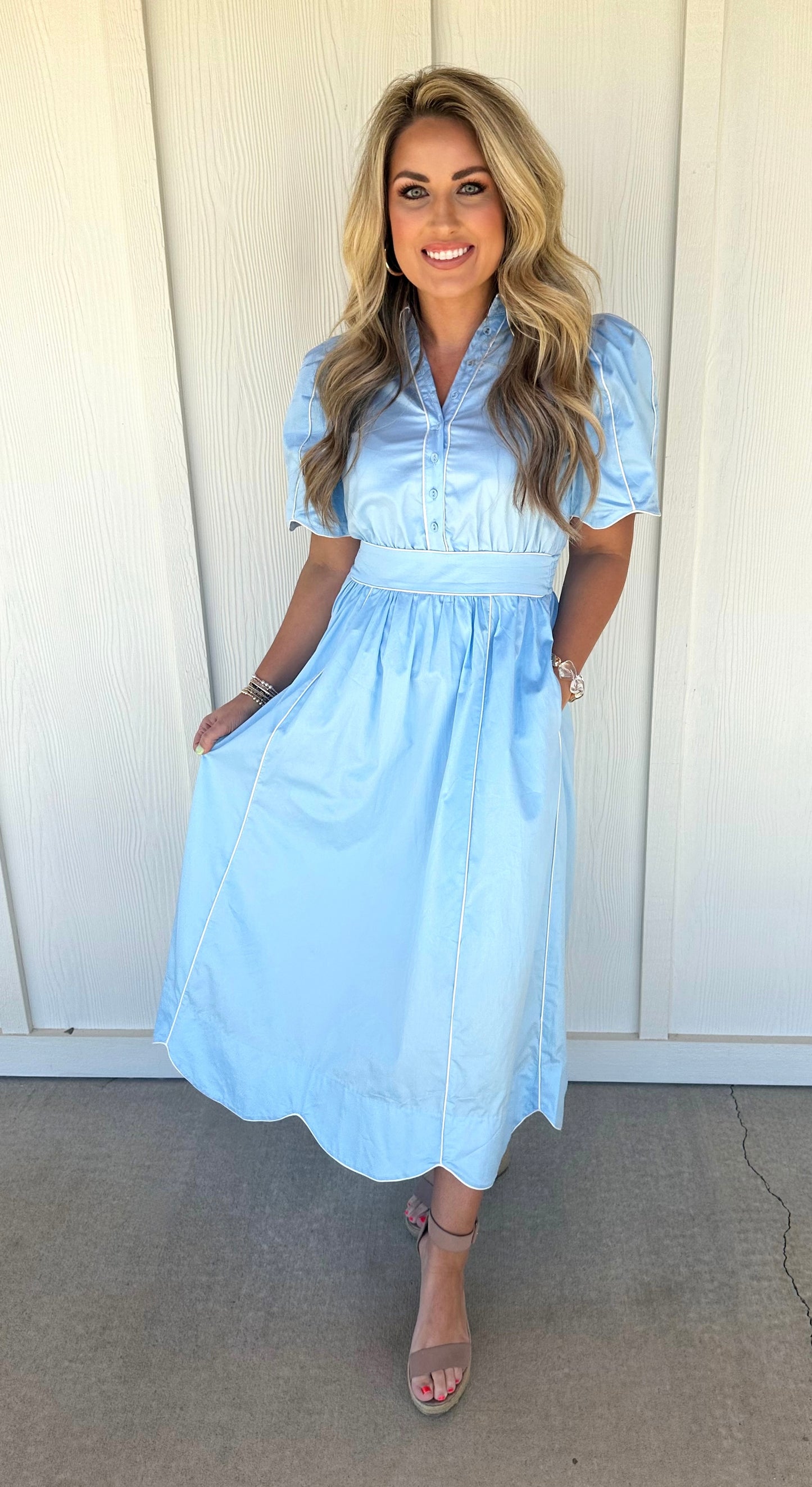 Sky Blue Scallop Piping Midi