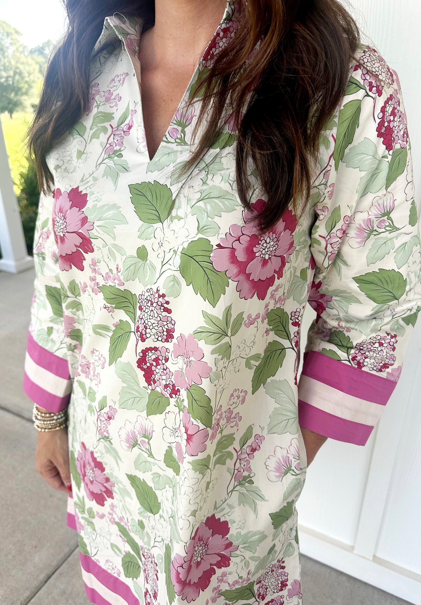 Pink Accent Band Floral Dress