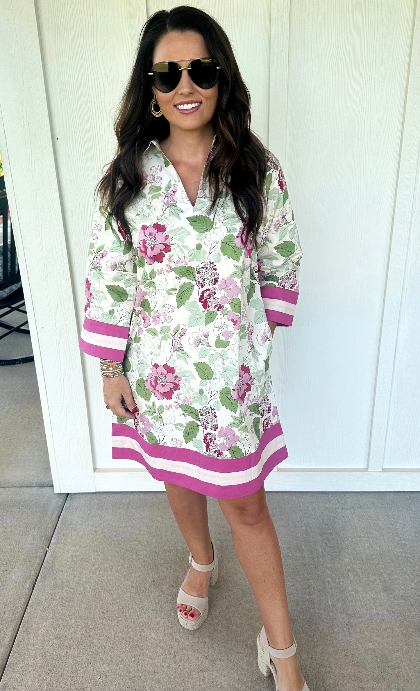 Pink Accent Band Floral Dress