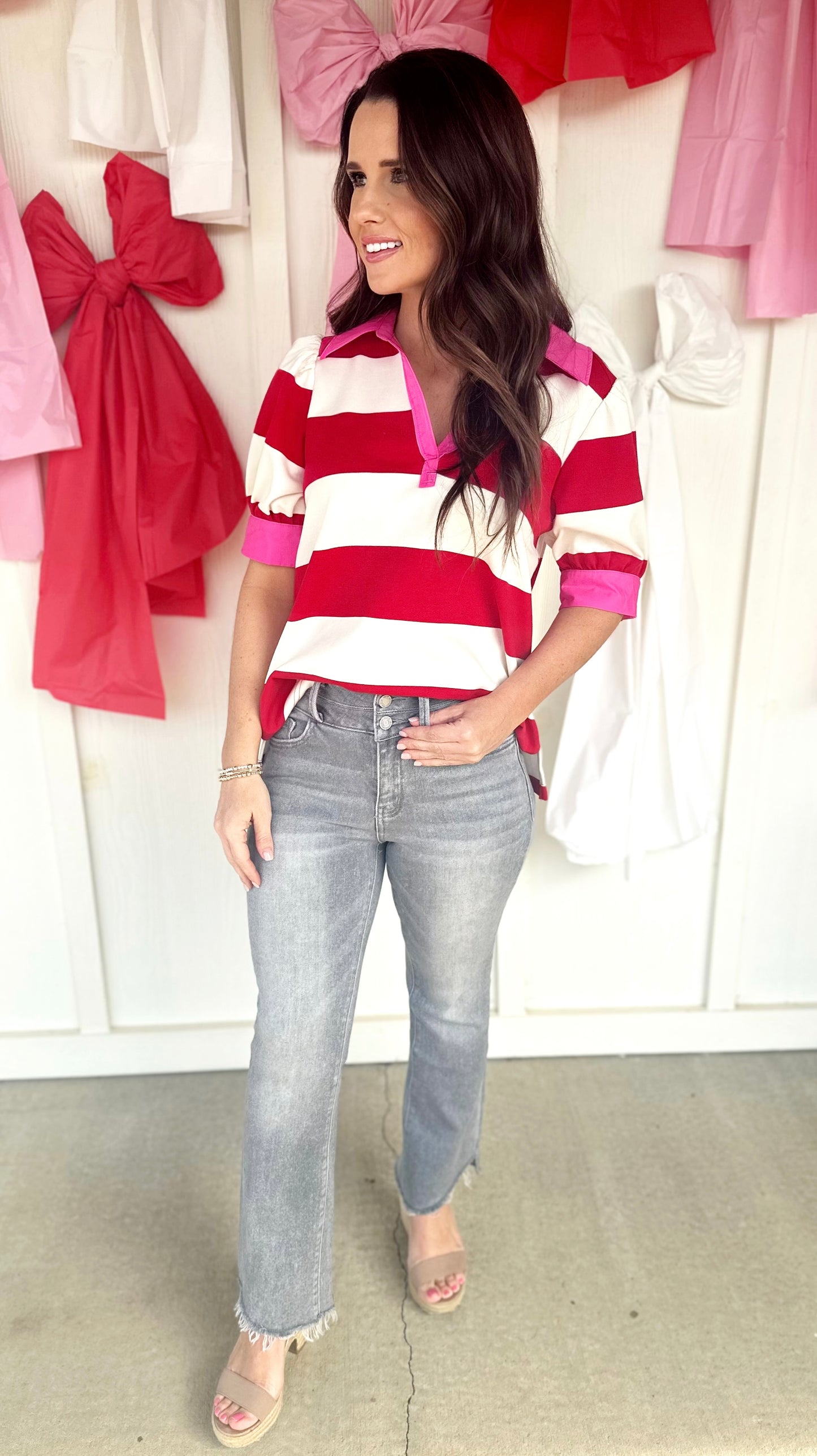 Red/White Stripe Pink Collar Top