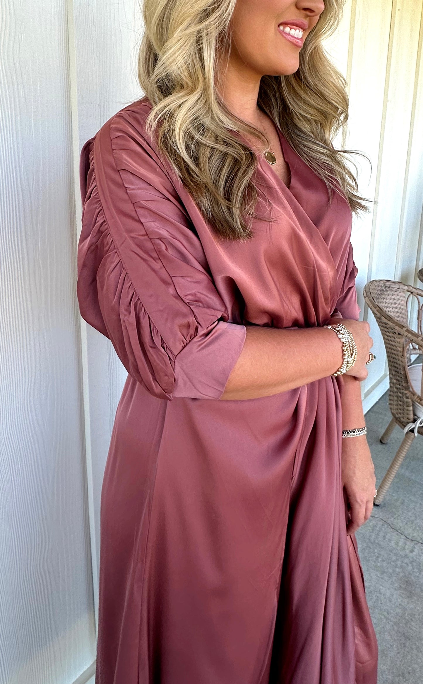 Dark Mauve V Neck Front Tie Midi Dress