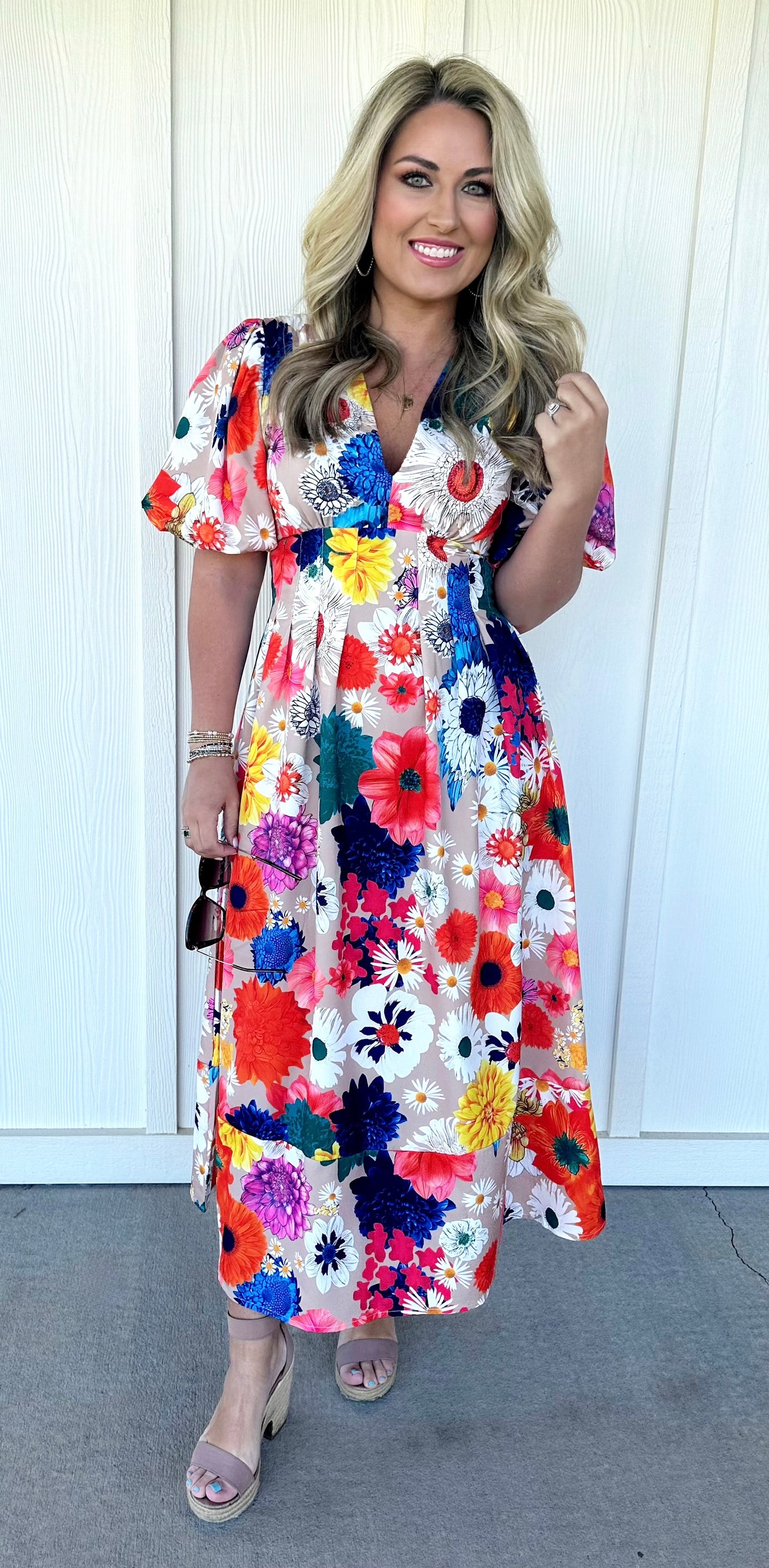 Multi Floral Print V-Neck Dress