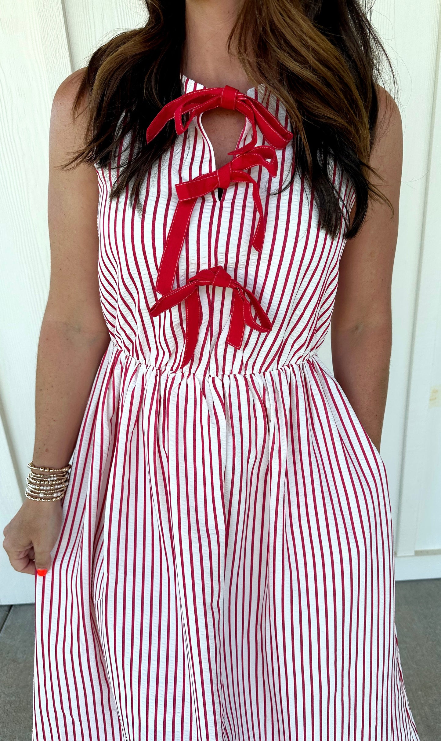 Red Striped Front Bow Midi