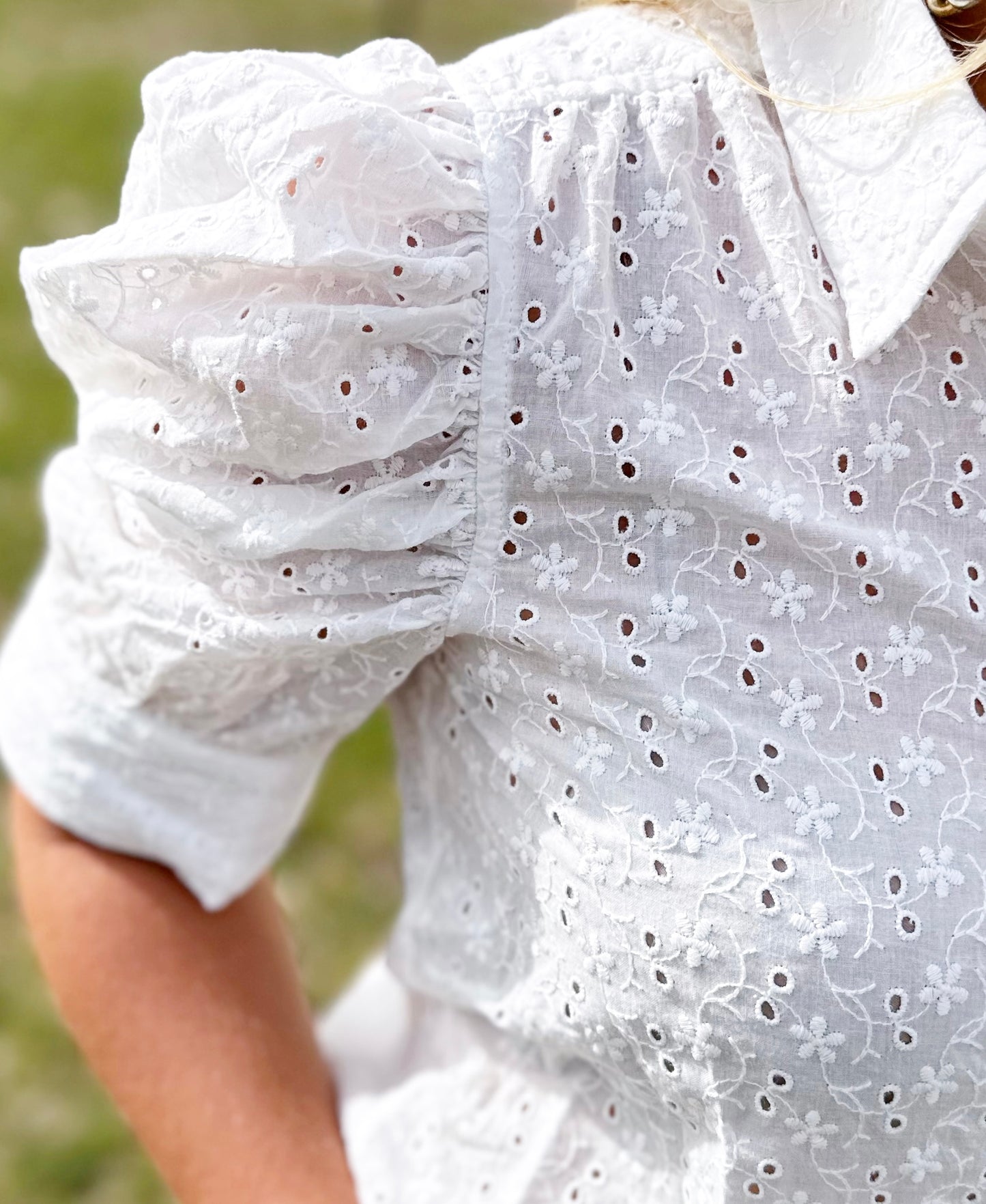 White Eyelet Front Button Top