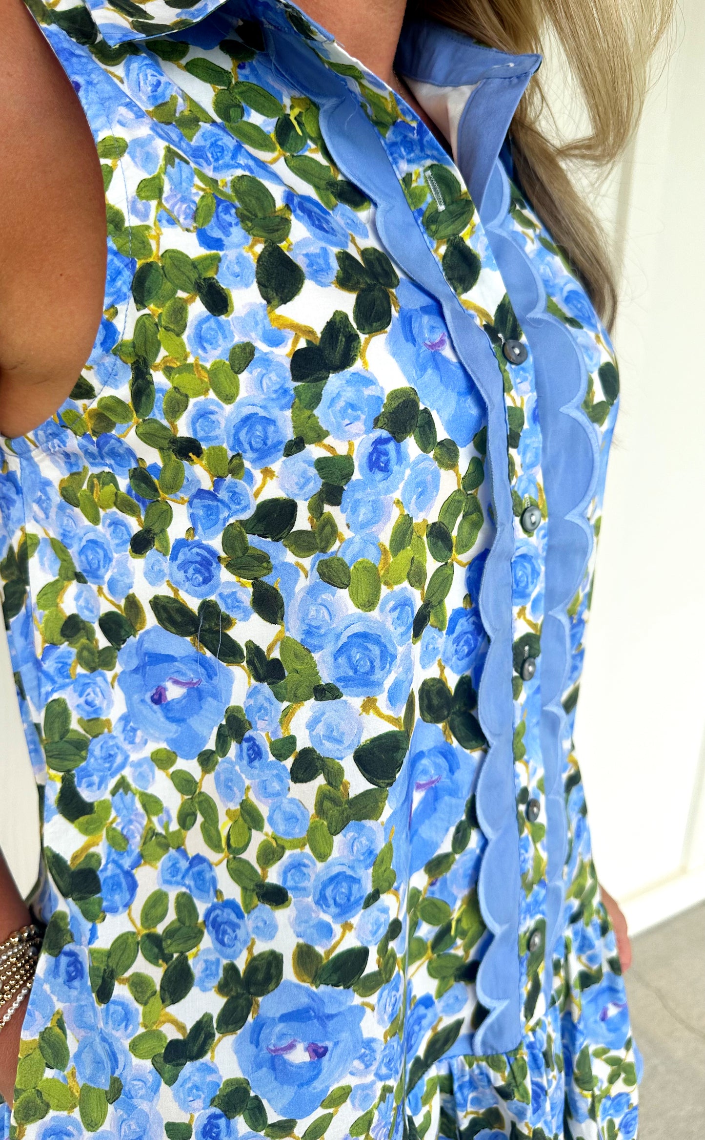 Blue Floral Mix Scallop Dress