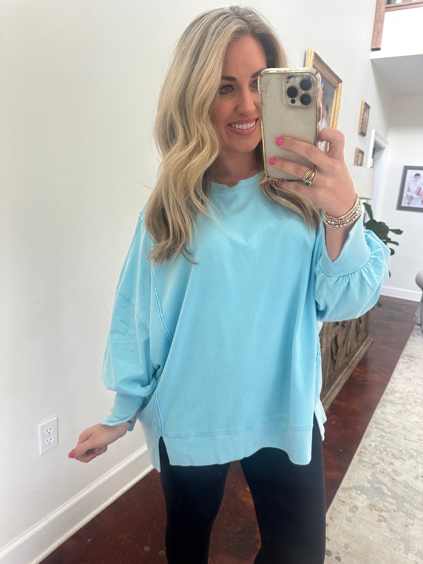 Blue Oversized Seam Detail Top