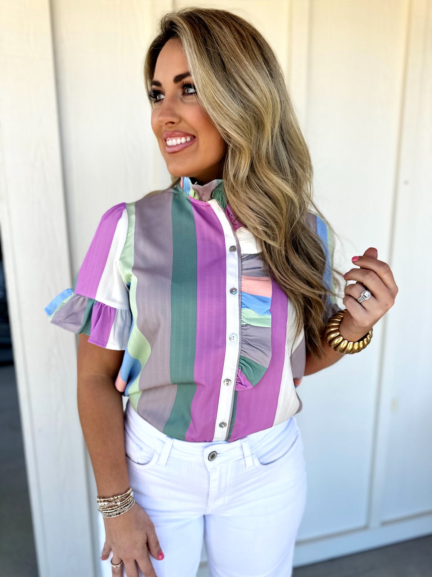 Pastel Stripe Ruffle Sleeve Top