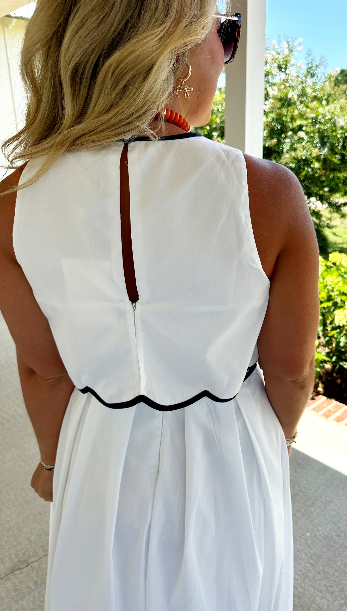 White/Navy Scallop Hem Midi