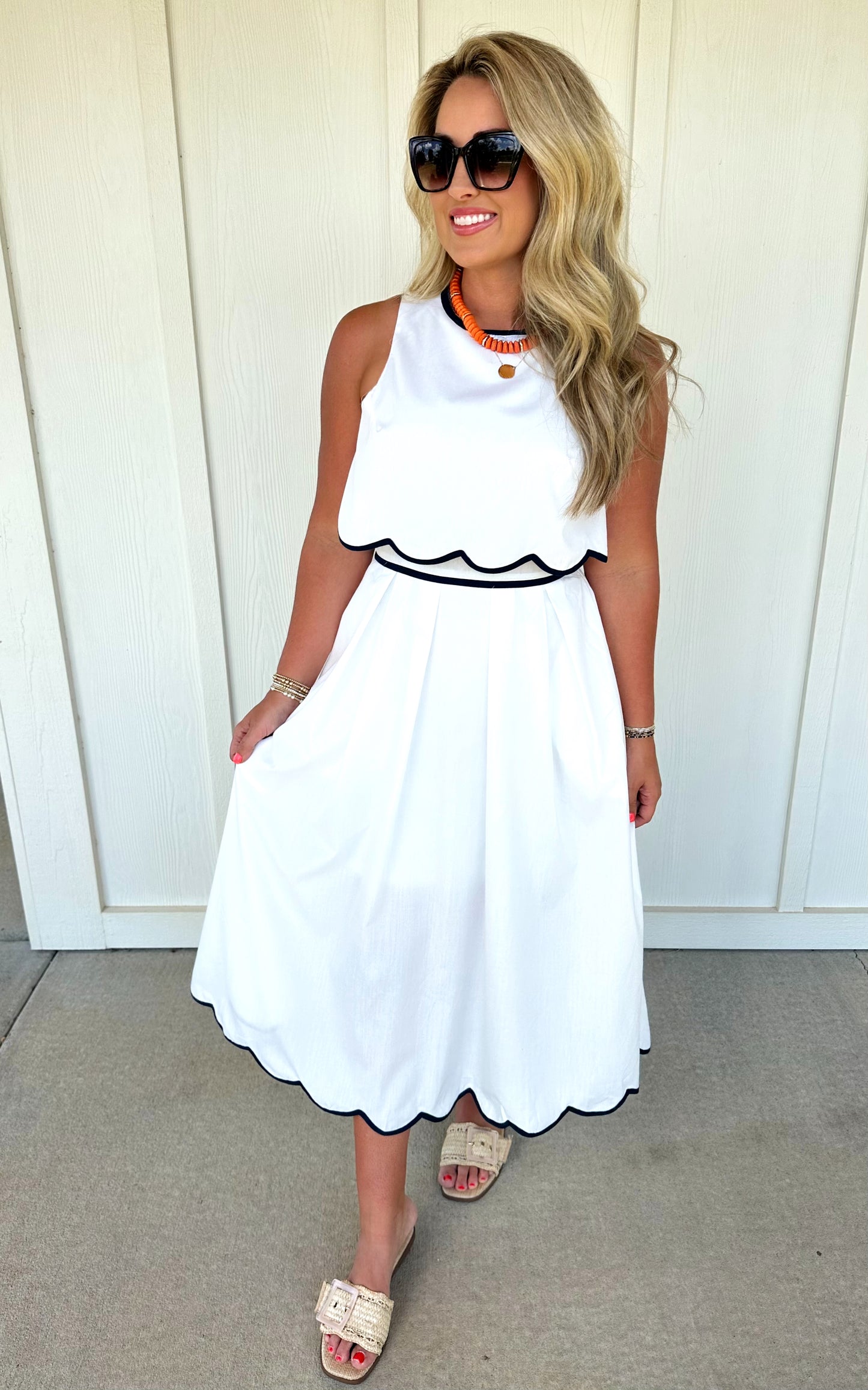 White/Navy Scallop Hem Midi