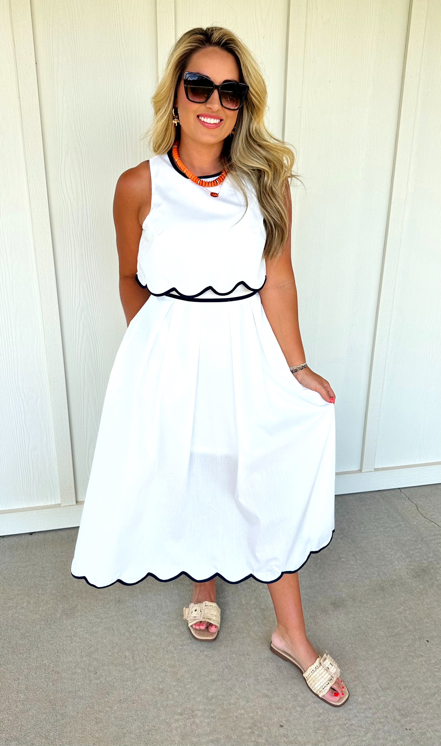 White/Navy Scallop Hem Midi