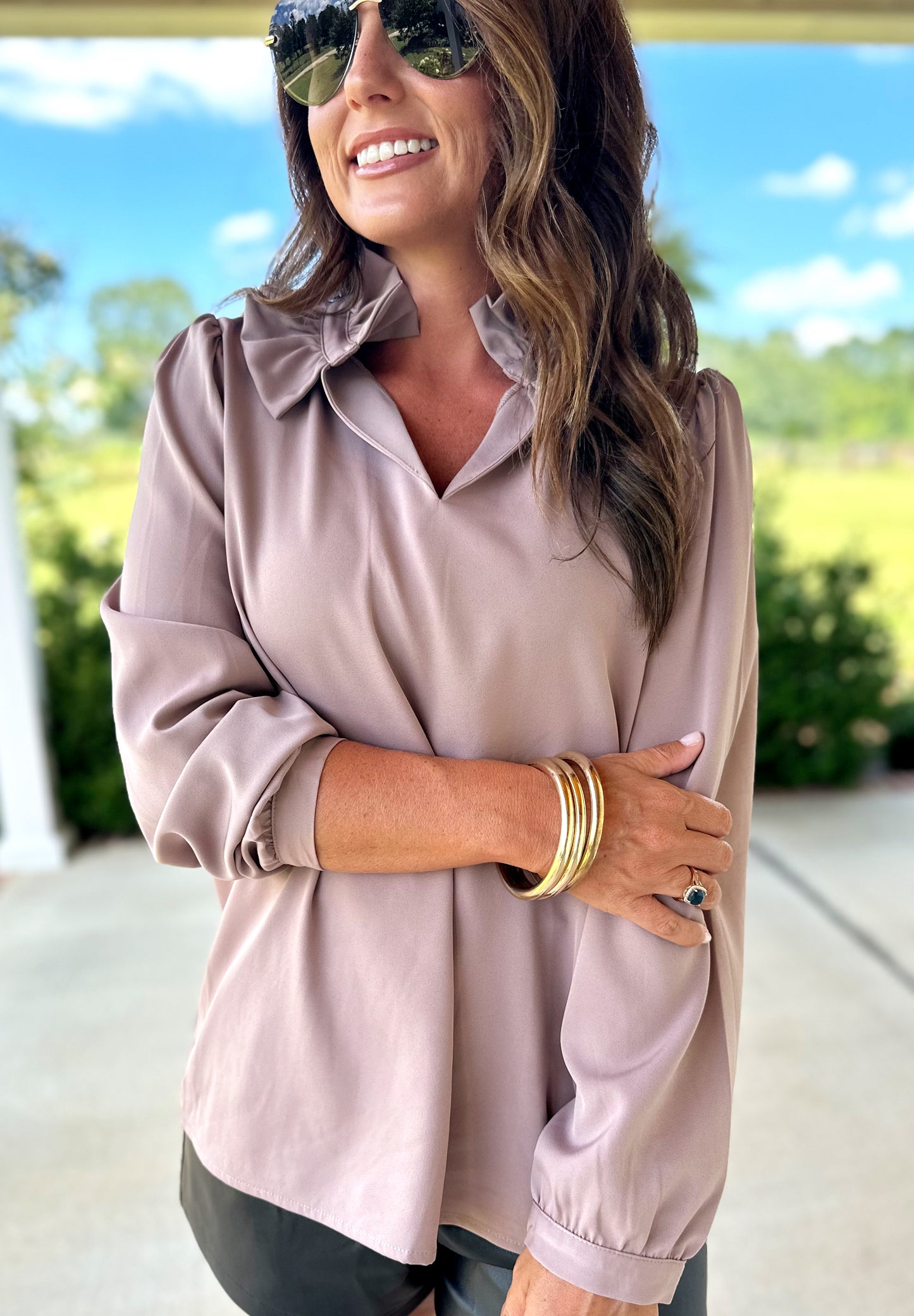 Black/Toast High Neck Ruffle Top