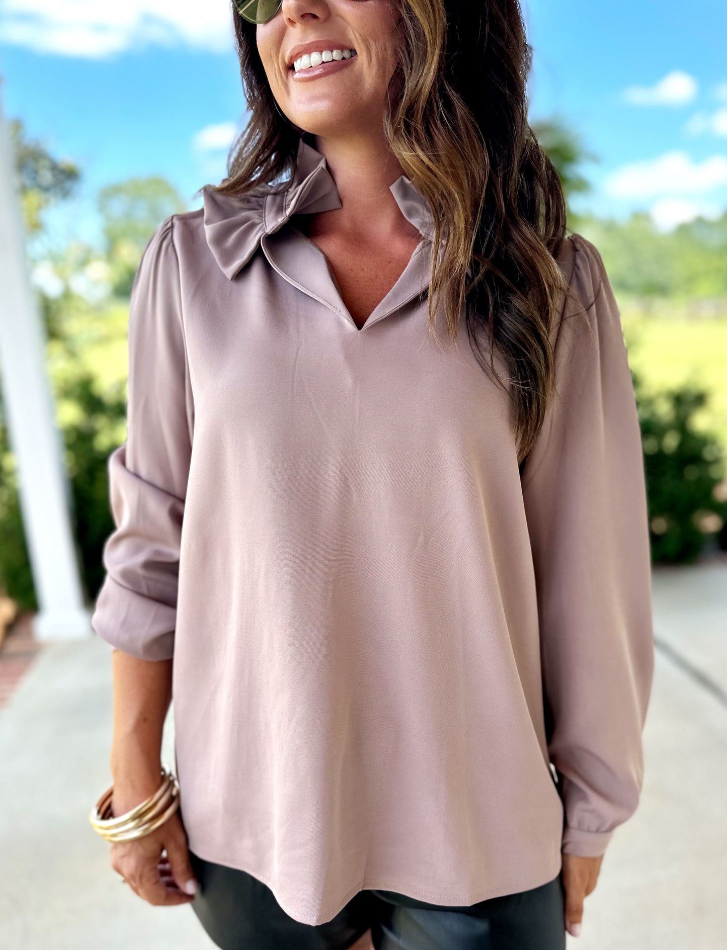Black/Toast High Neck Ruffle Top
