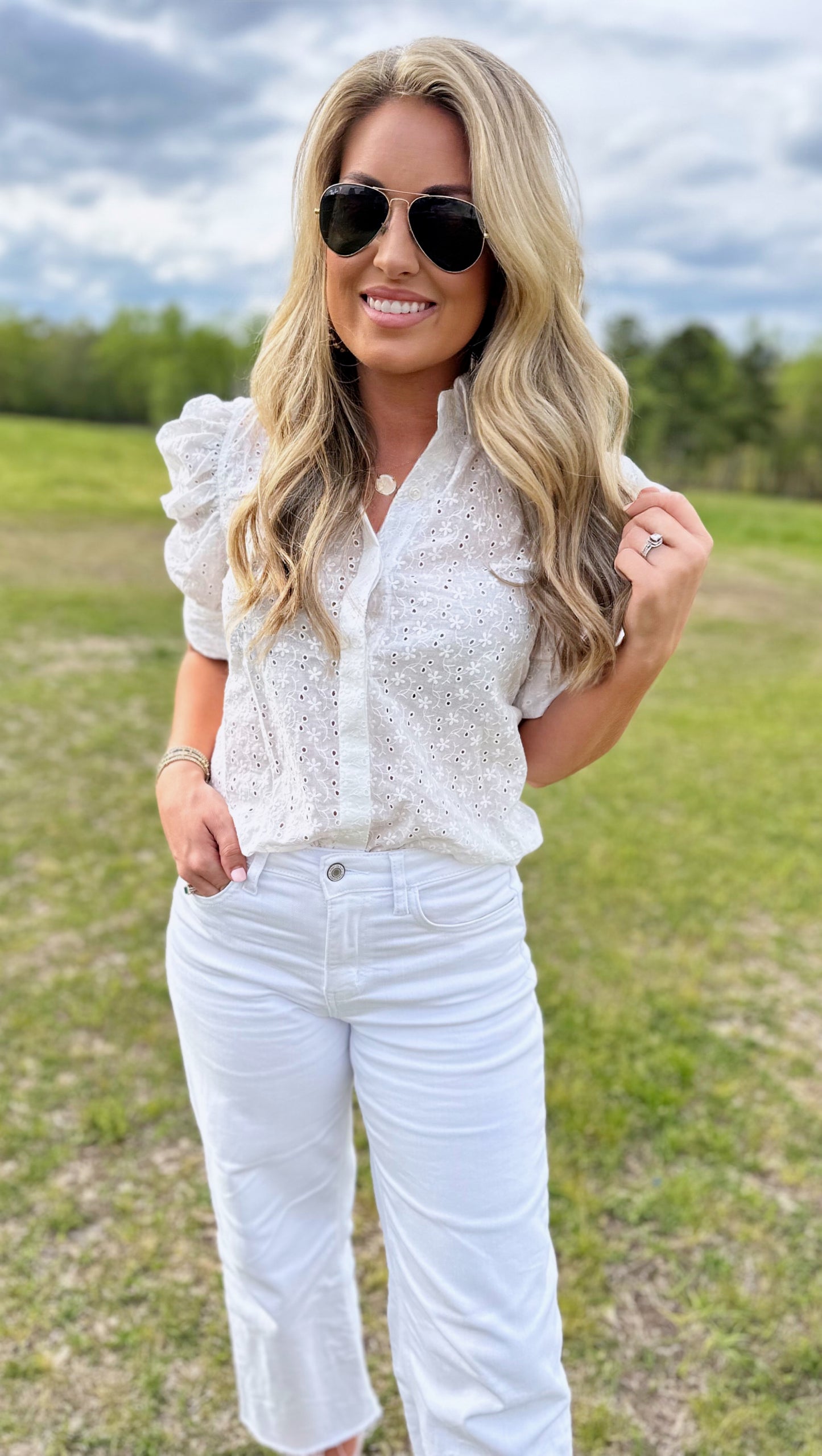 White Eyelet Front Button Top