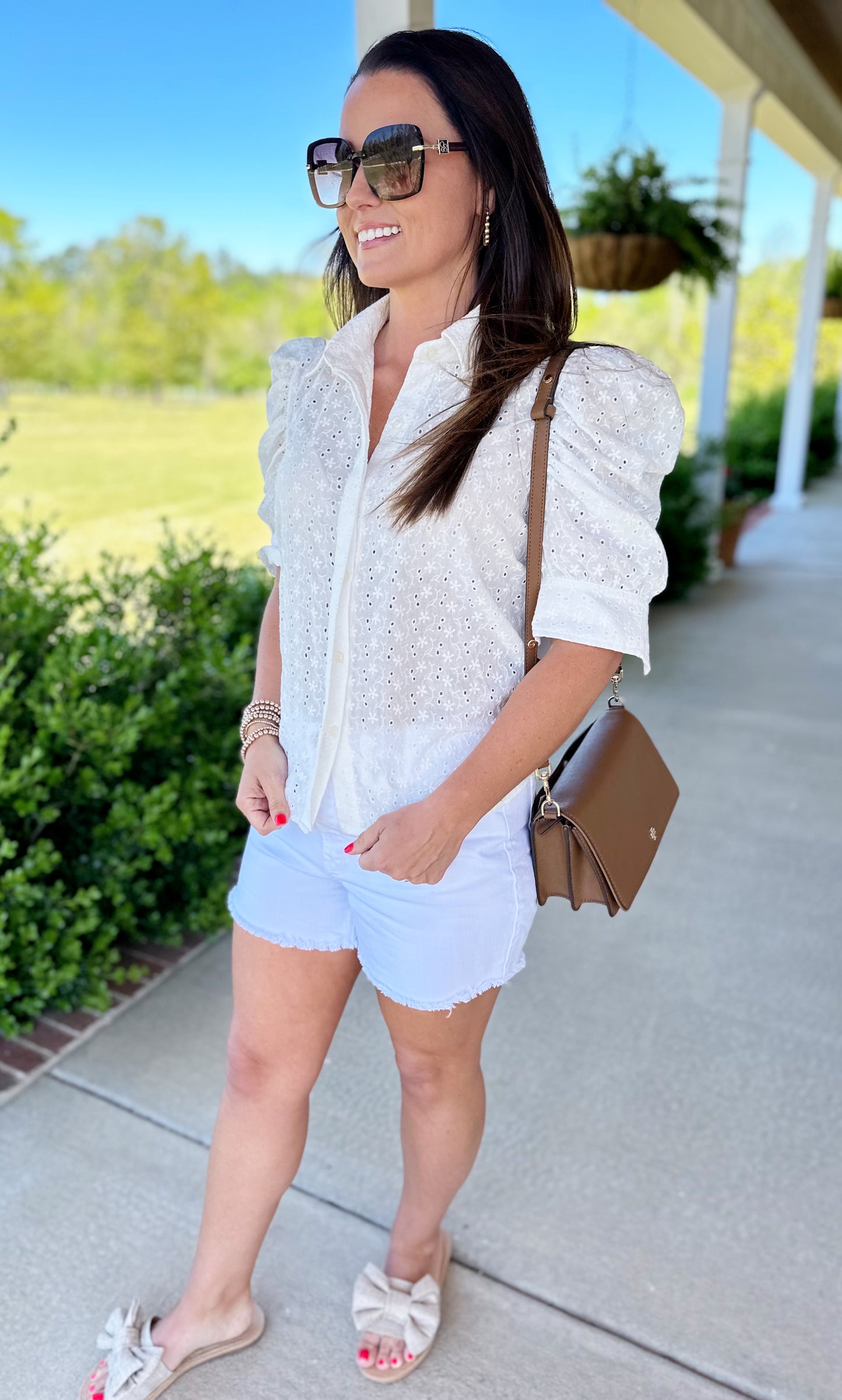 White Eyelet Front Button Top