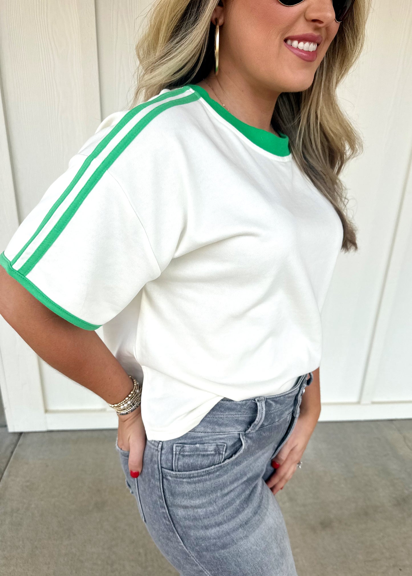 Cream and Green Basic Top
