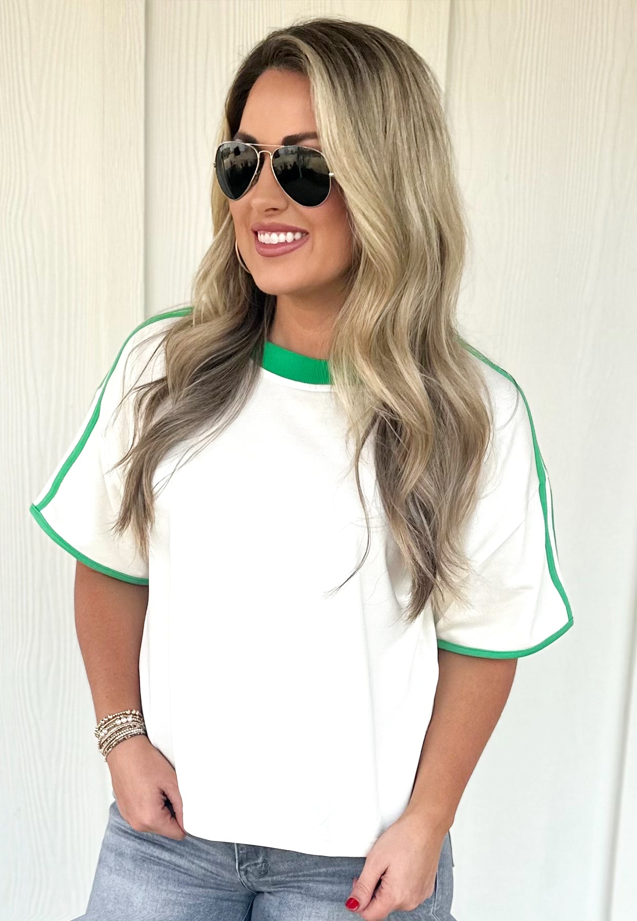 Cream and Green Basic Top