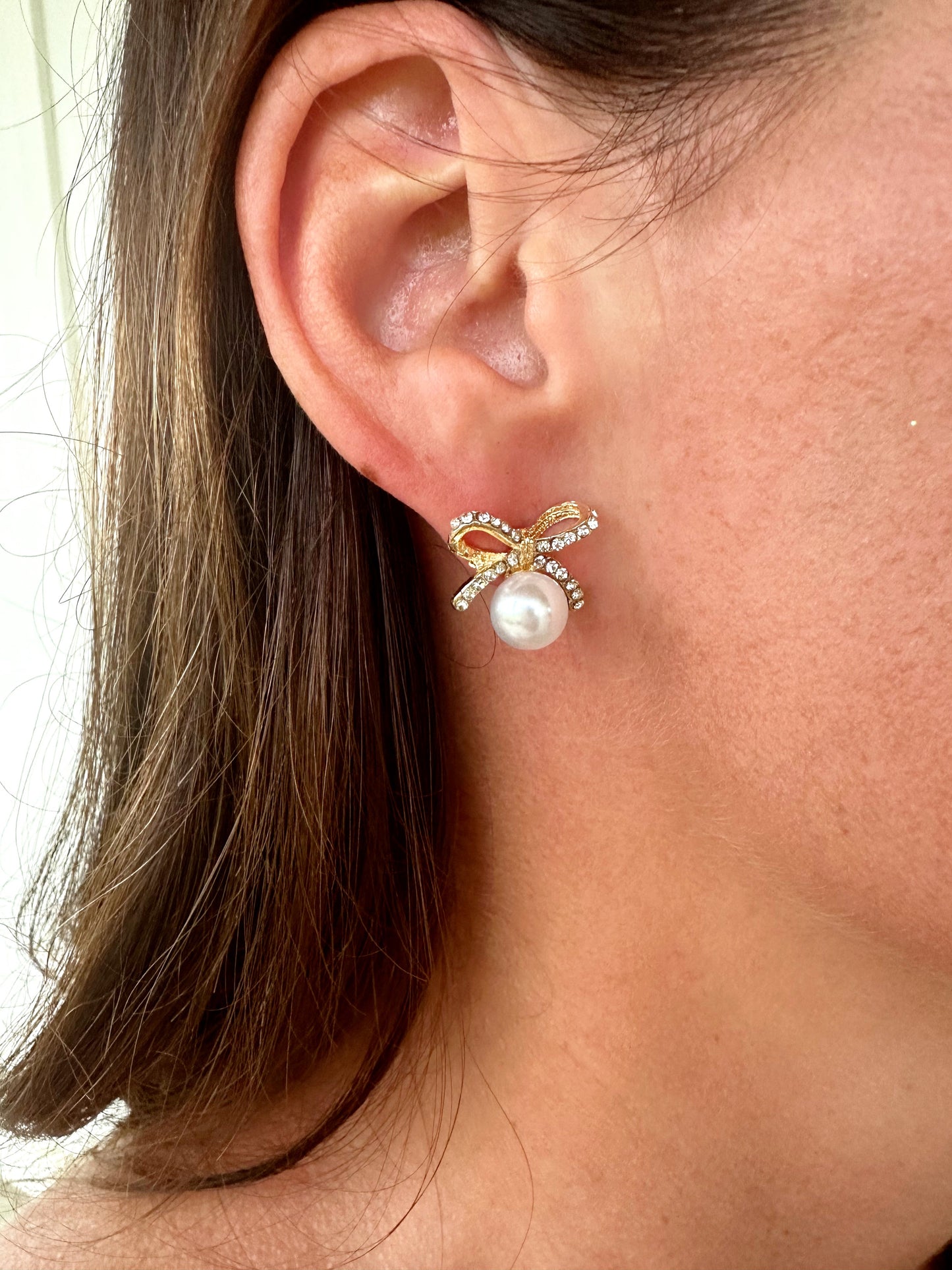 Crystal Bow & Pearl Earrings