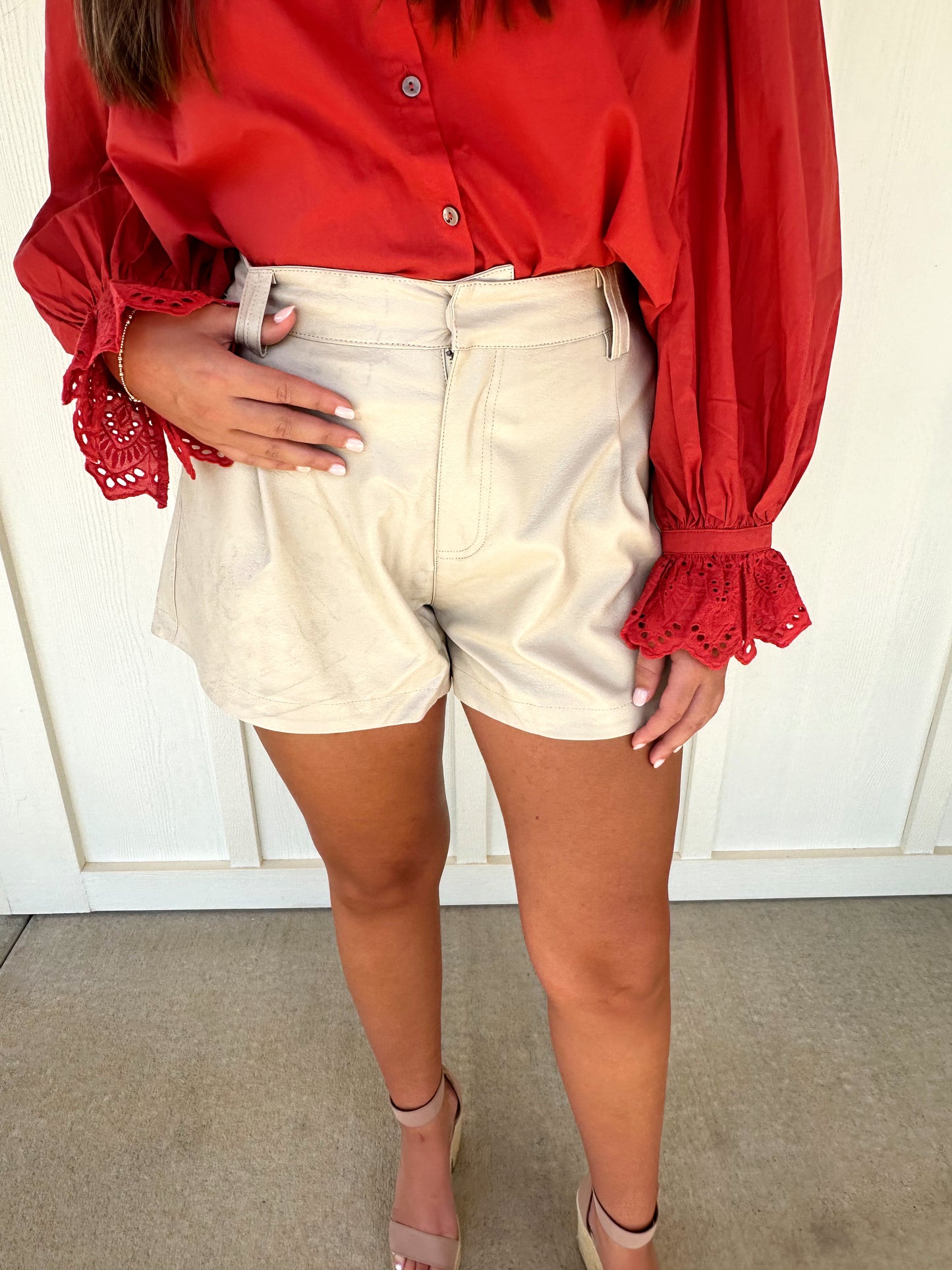 Ecru Flare Leather Shorts