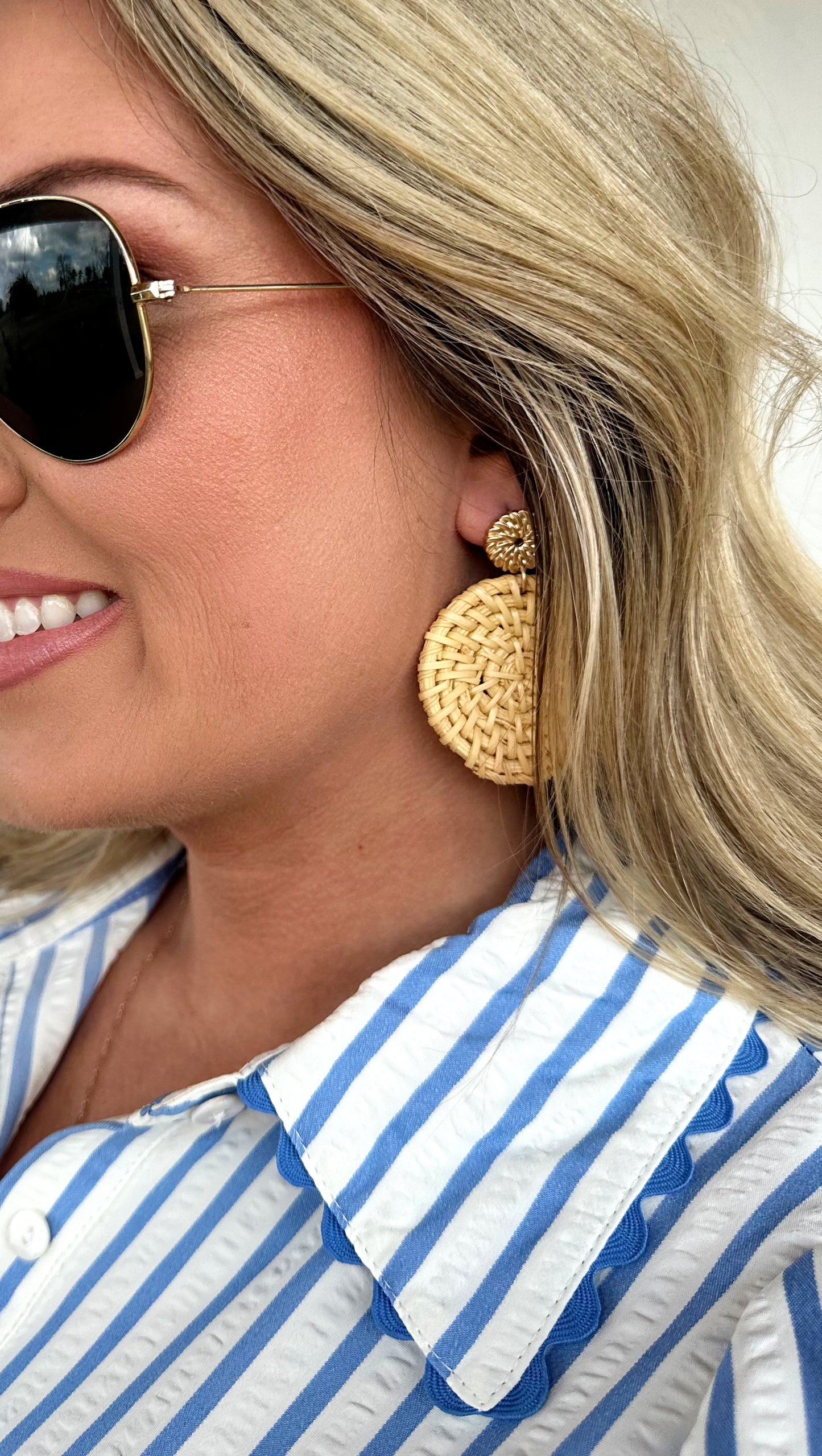 Rattan Disc & Metal Earrings