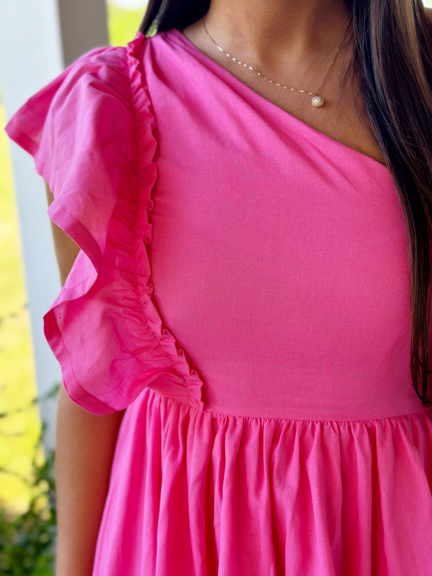 Pink One Shoulder Ruffle Dress