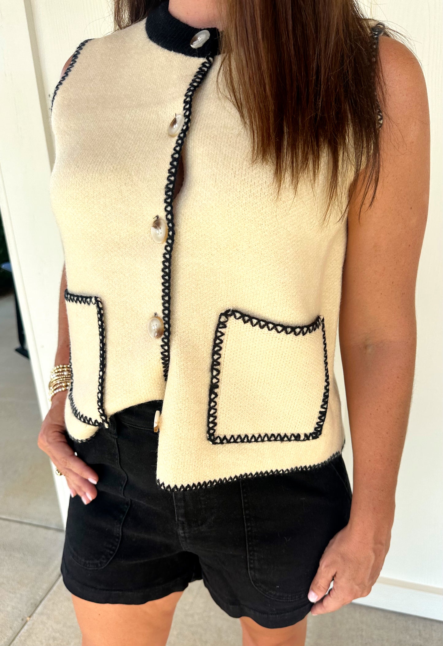 Solid Cream Front Button Sweater Top