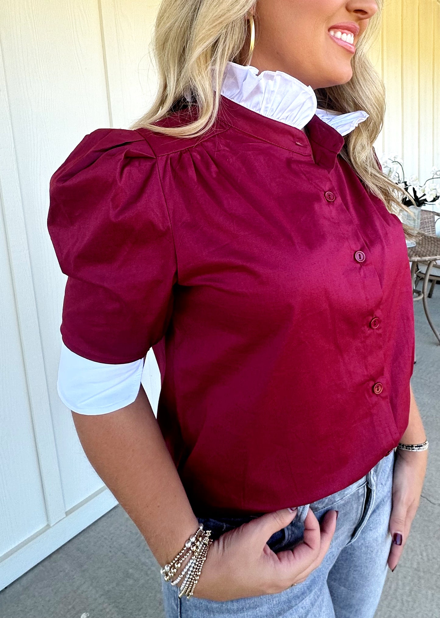 Burgundy/White Ruffle Collar Top