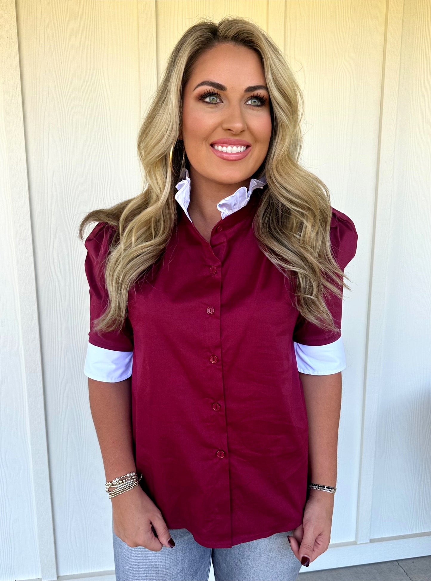 Burgundy/White Ruffle Collar Top