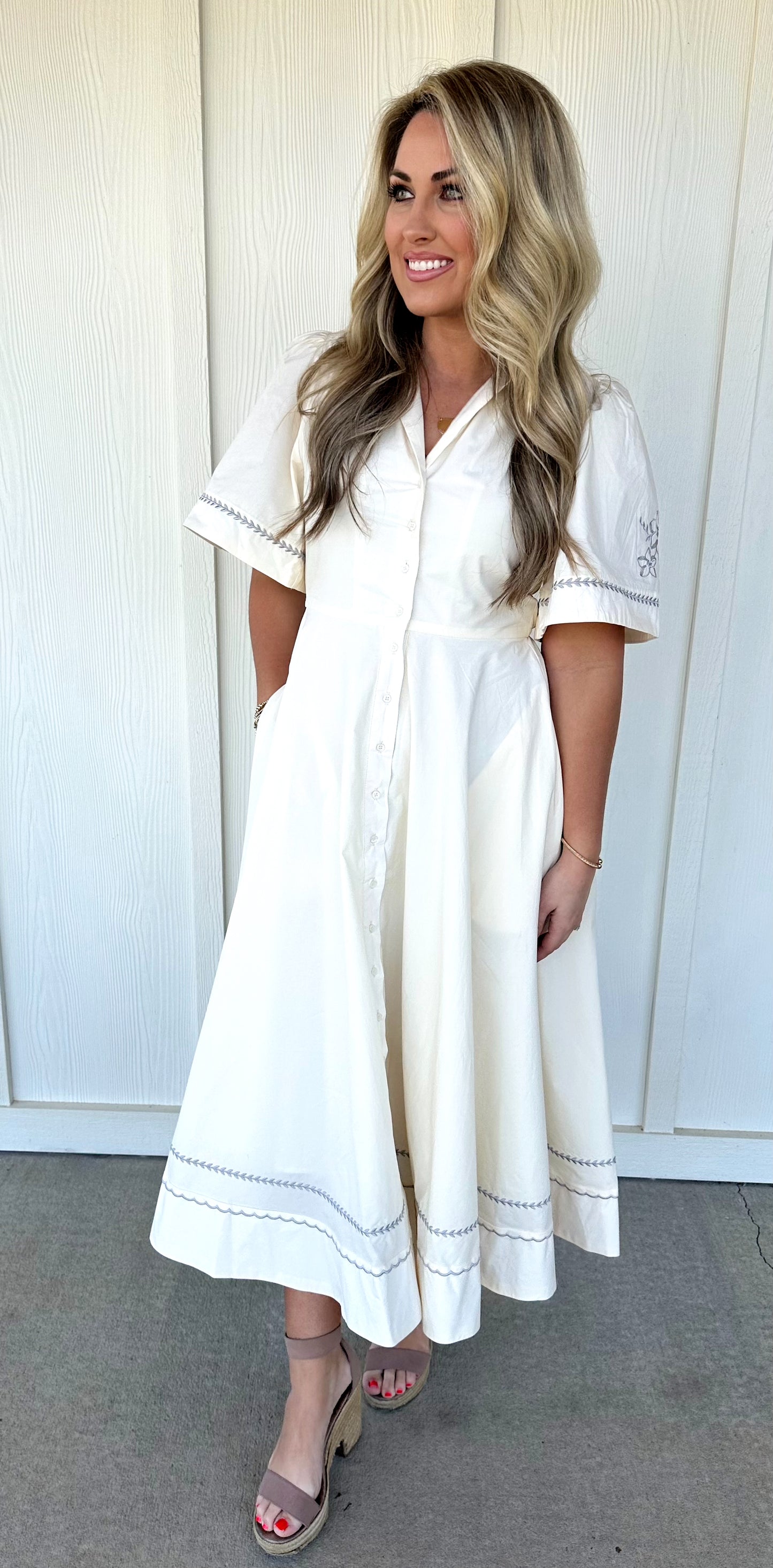 Almond Cream Embroidery Detail Dress