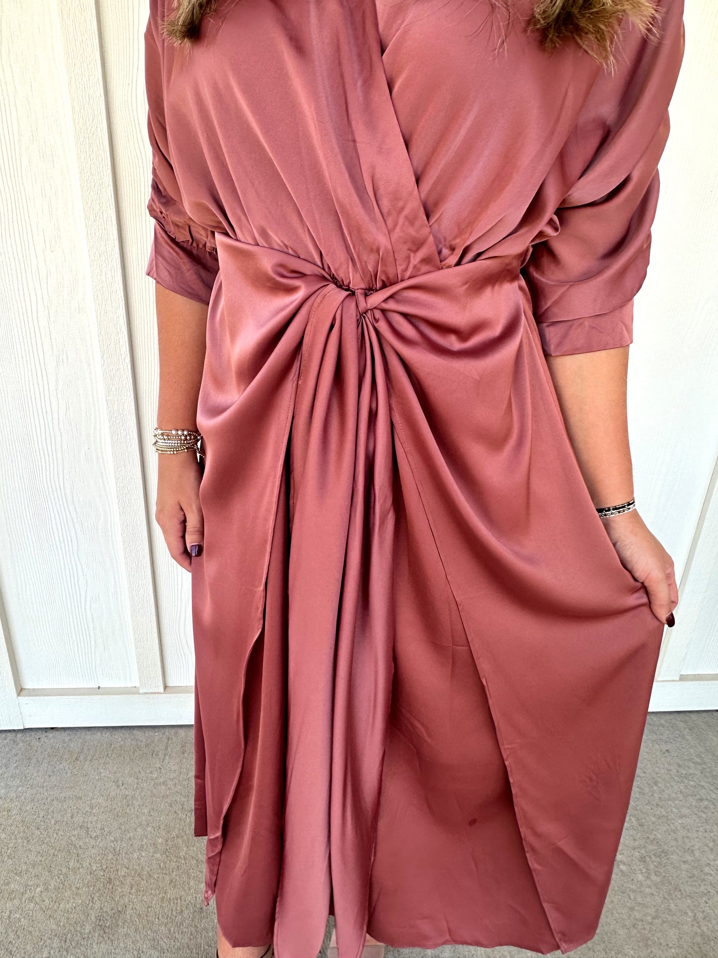 Dark Mauve V Neck Front Tie Midi Dress