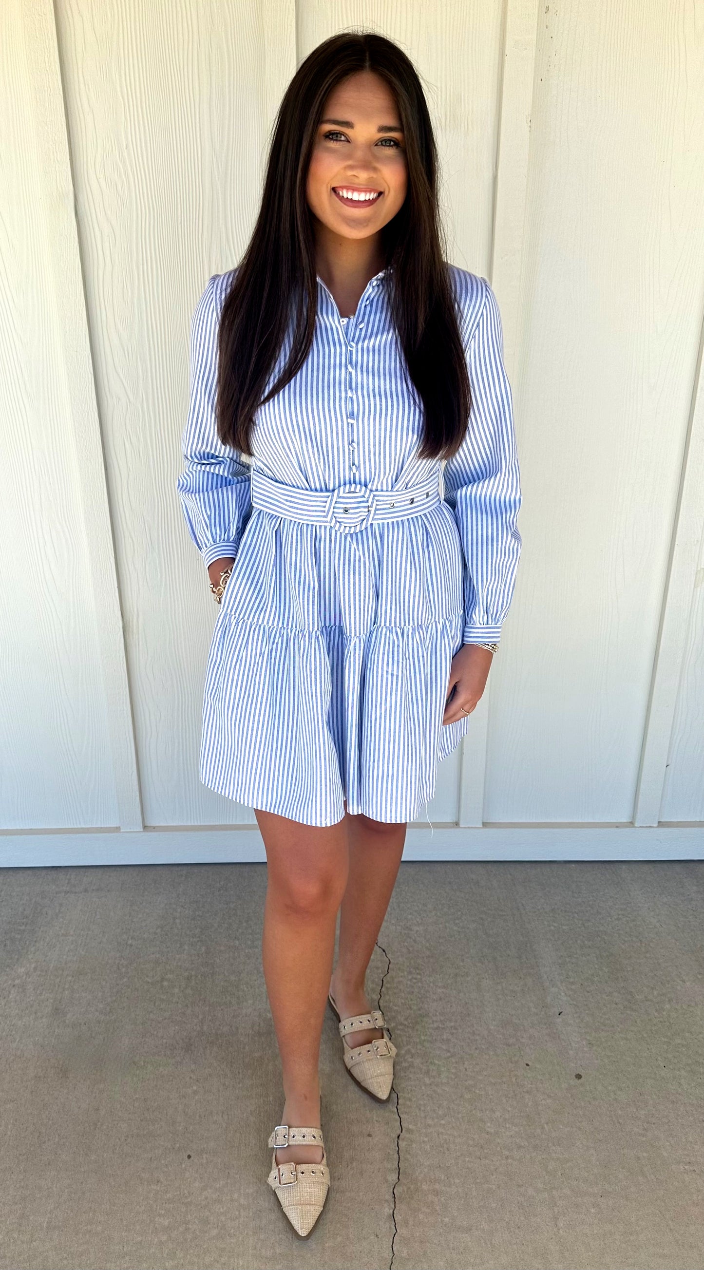 Blue Belted Stripe Dress