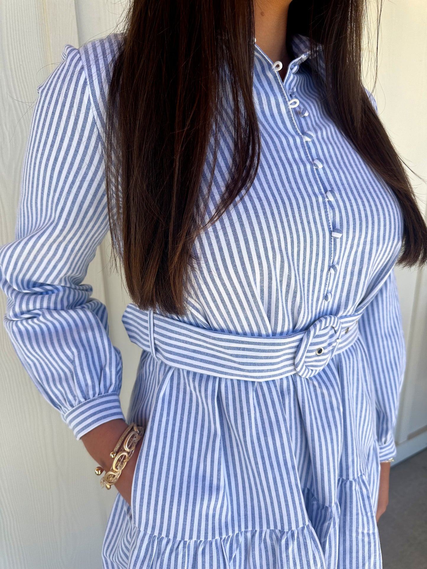 Blue Belted Stripe Dress