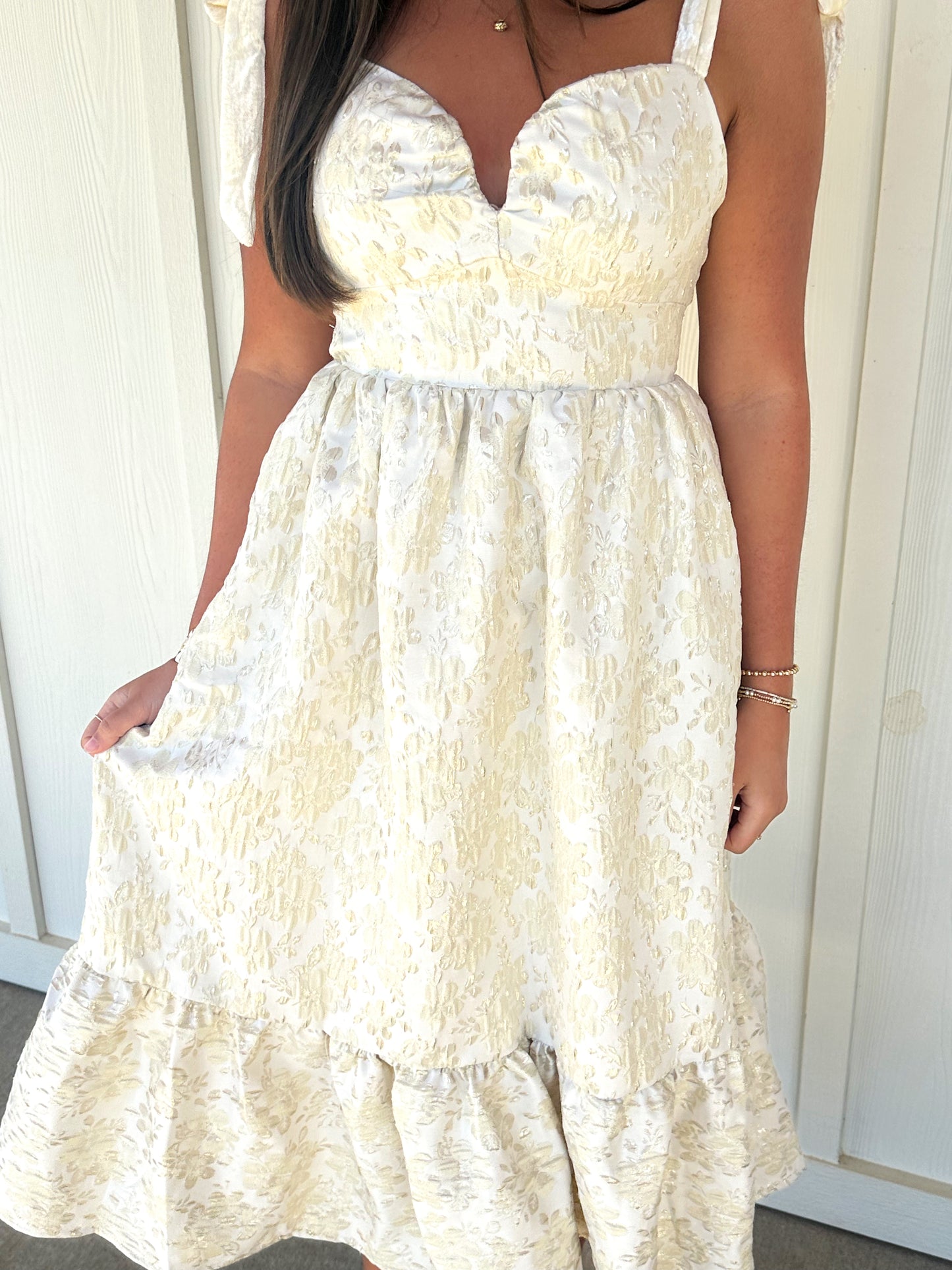 Ivory/Gold Floral Shoulder Tie Midi