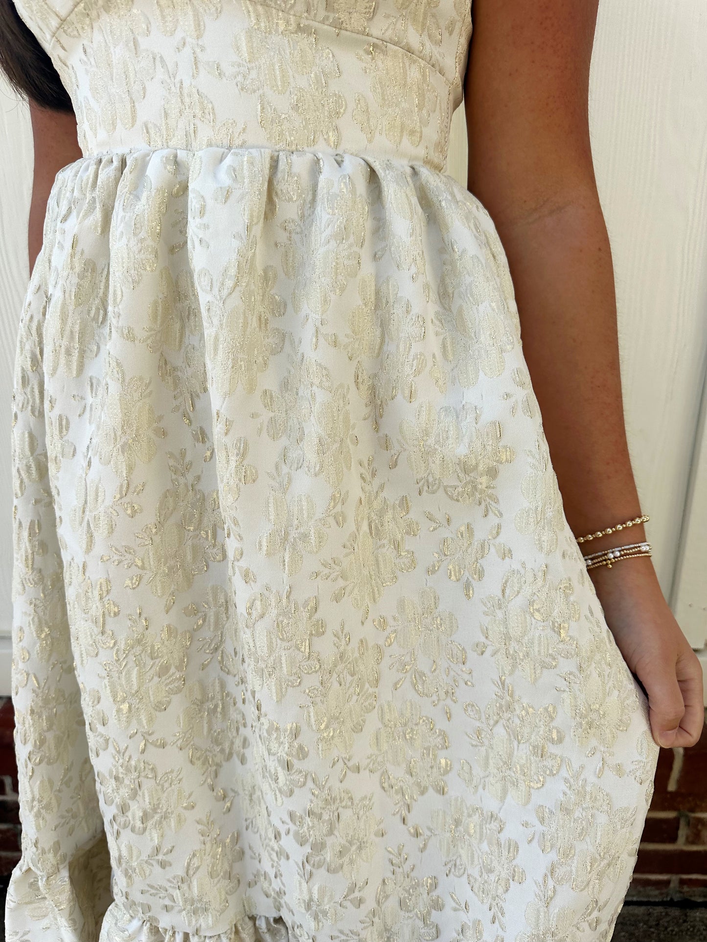 Ivory/Gold Floral Shoulder Tie Midi