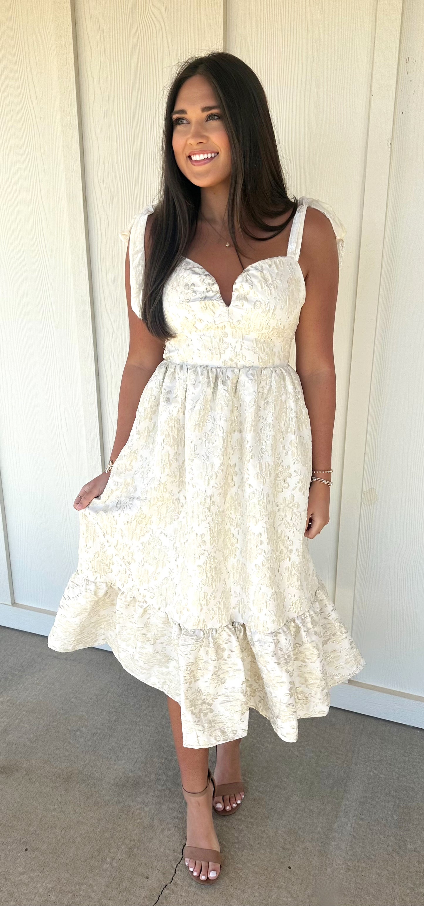 Ivory/Gold Floral Shoulder Tie Midi