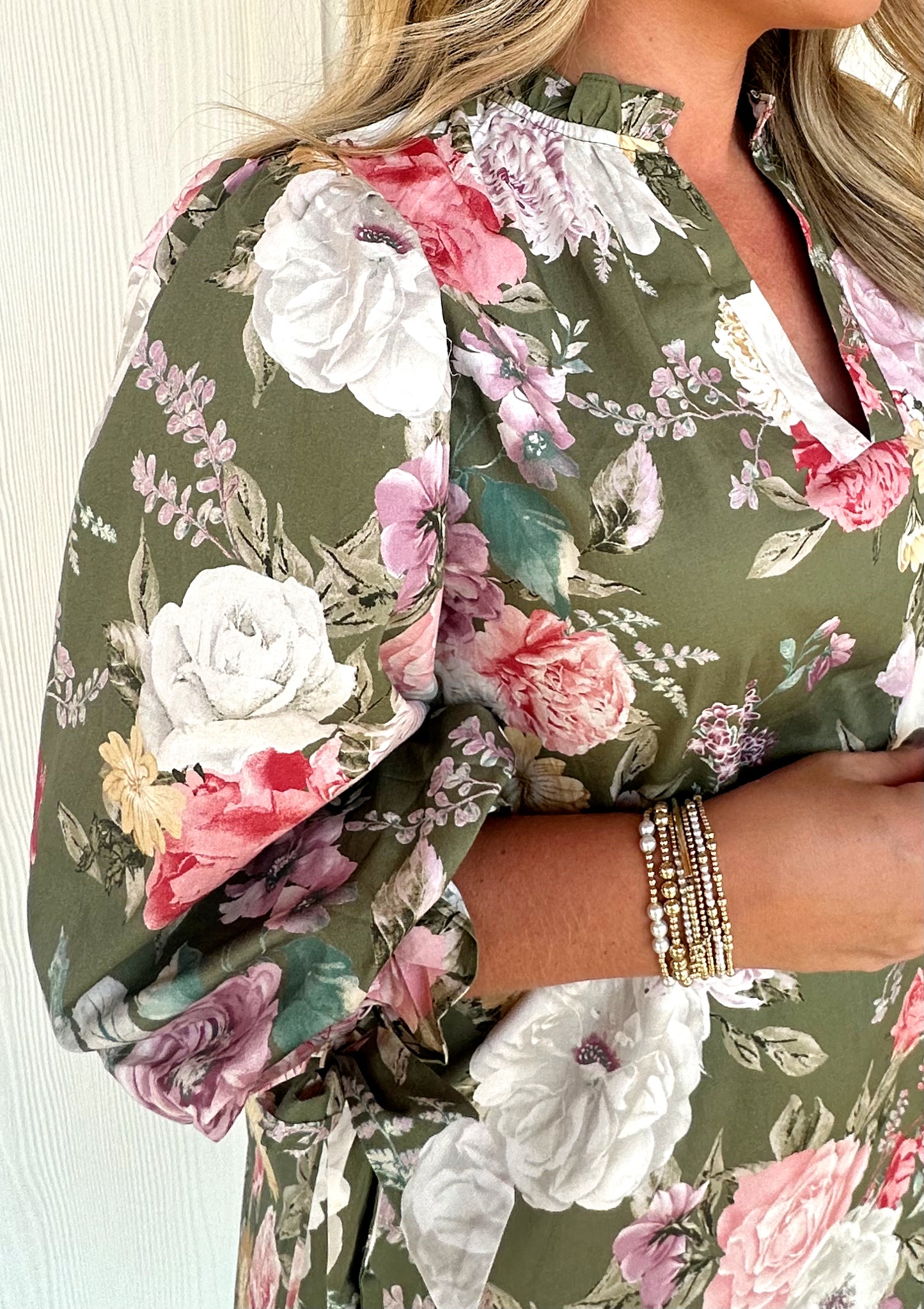 Green Floral Bubble Sleeve Dress