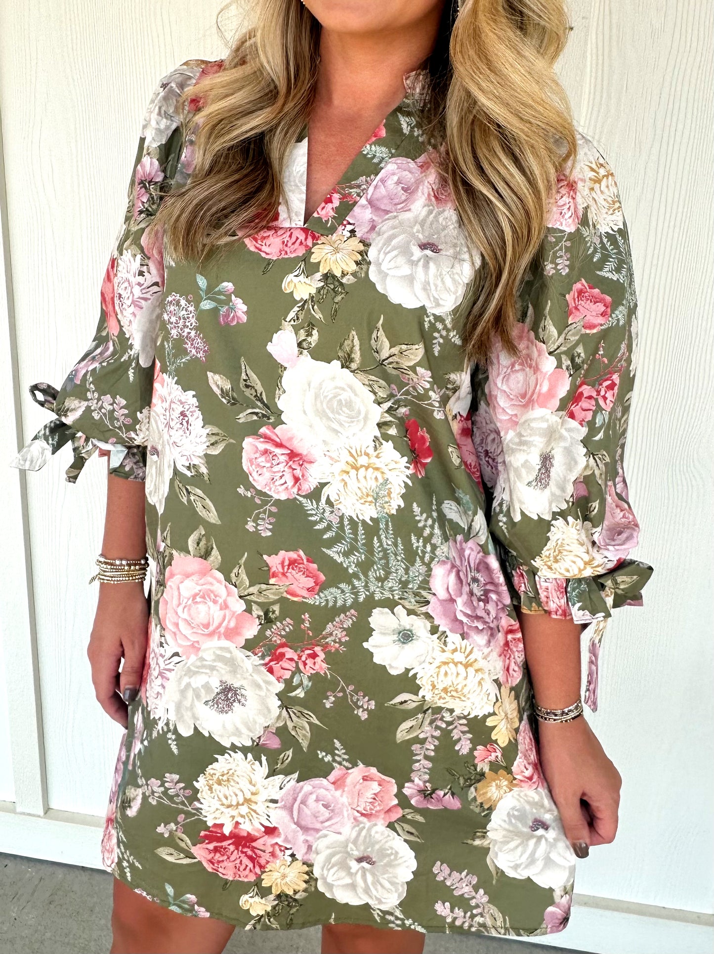 Green Floral Bubble Sleeve Dress
