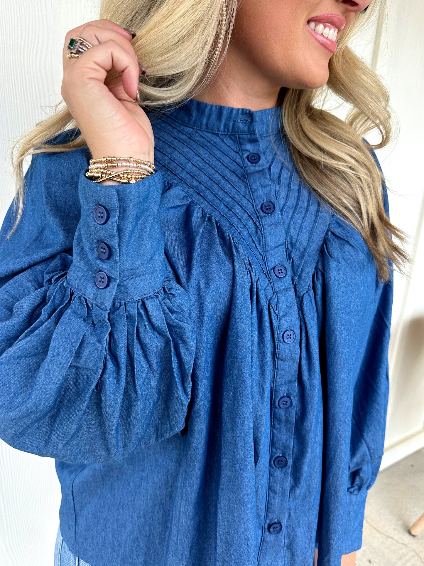 Denim Pleated Top