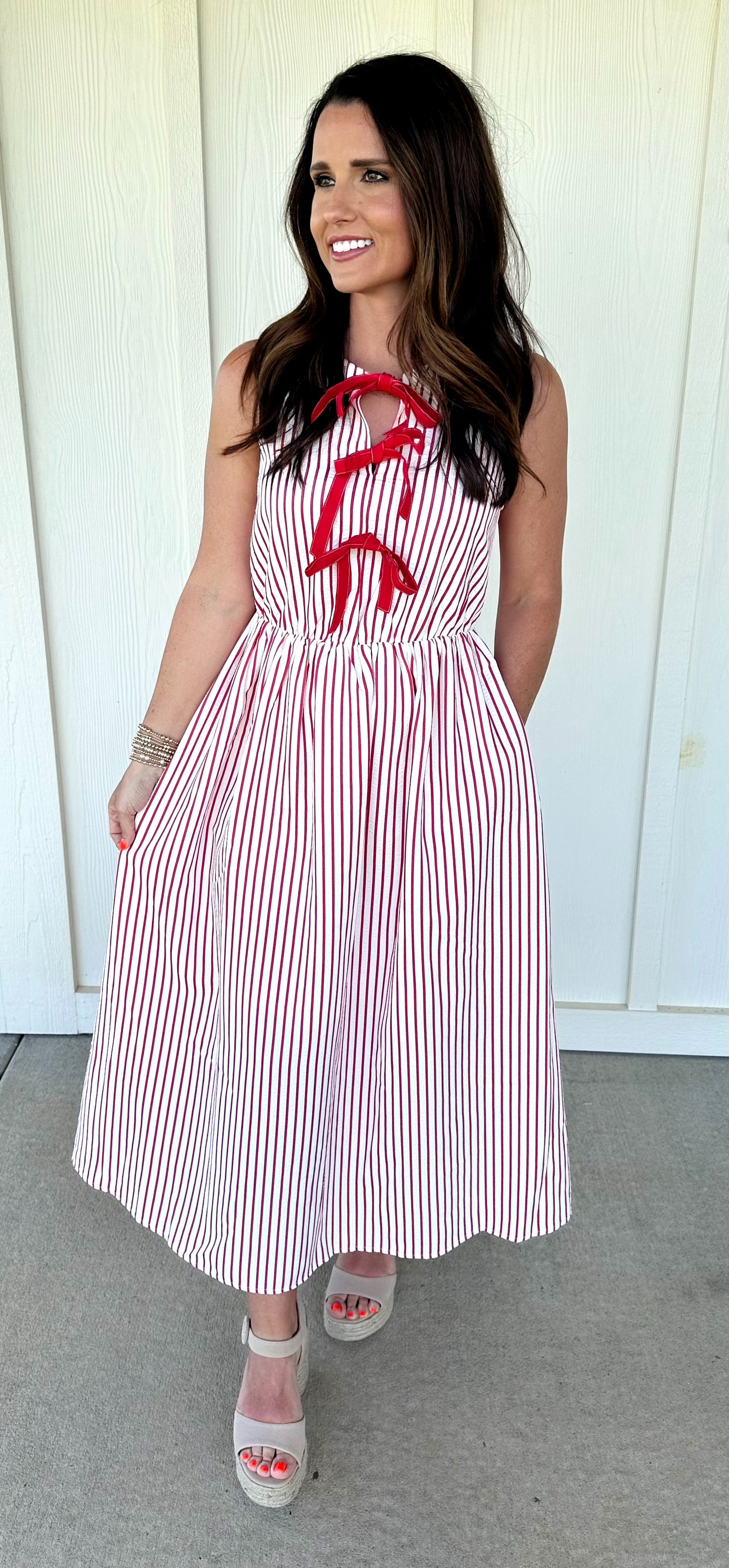 Red Striped Front Bow Midi