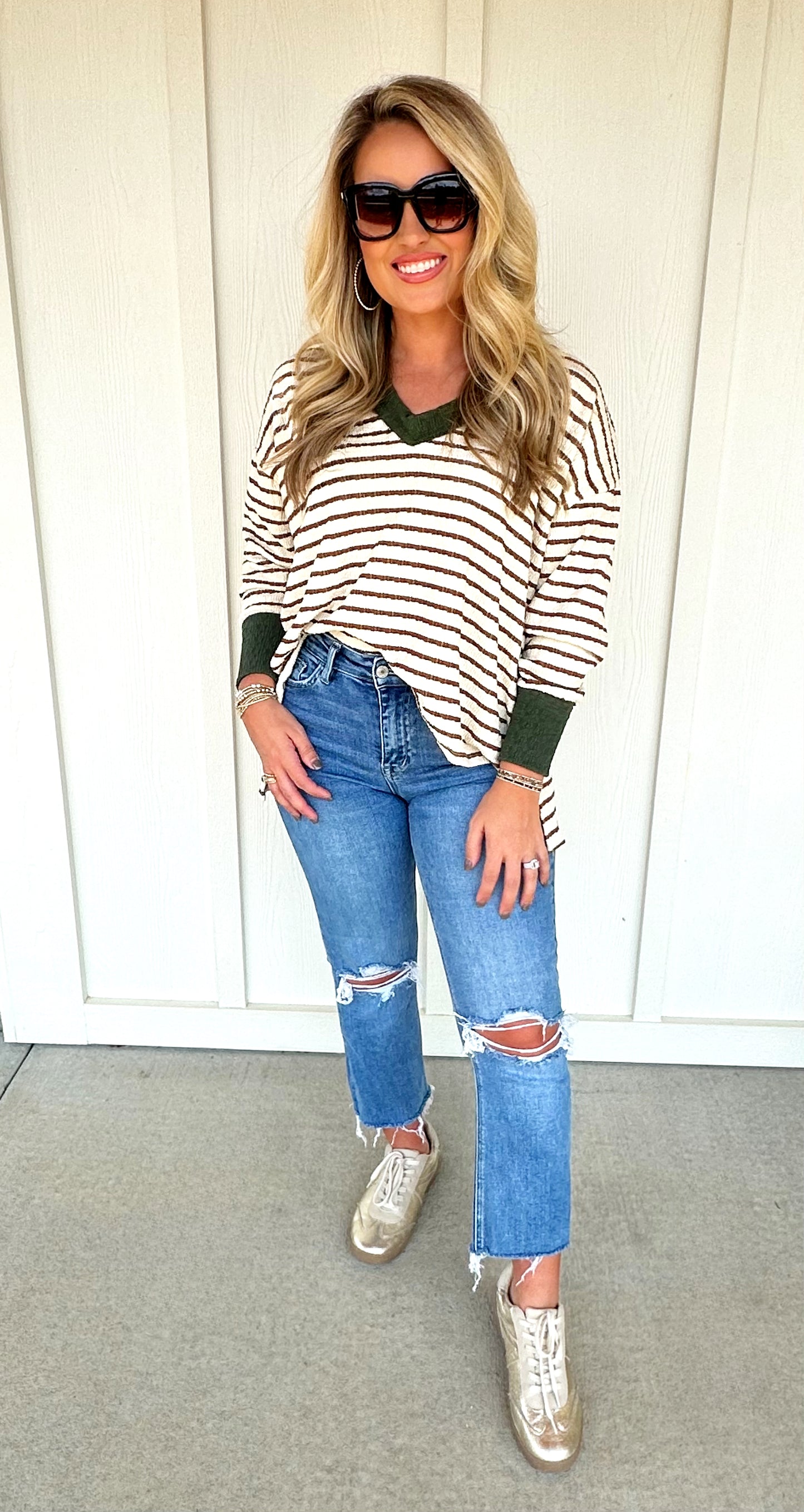 Brown Stripe Olive Trim Top