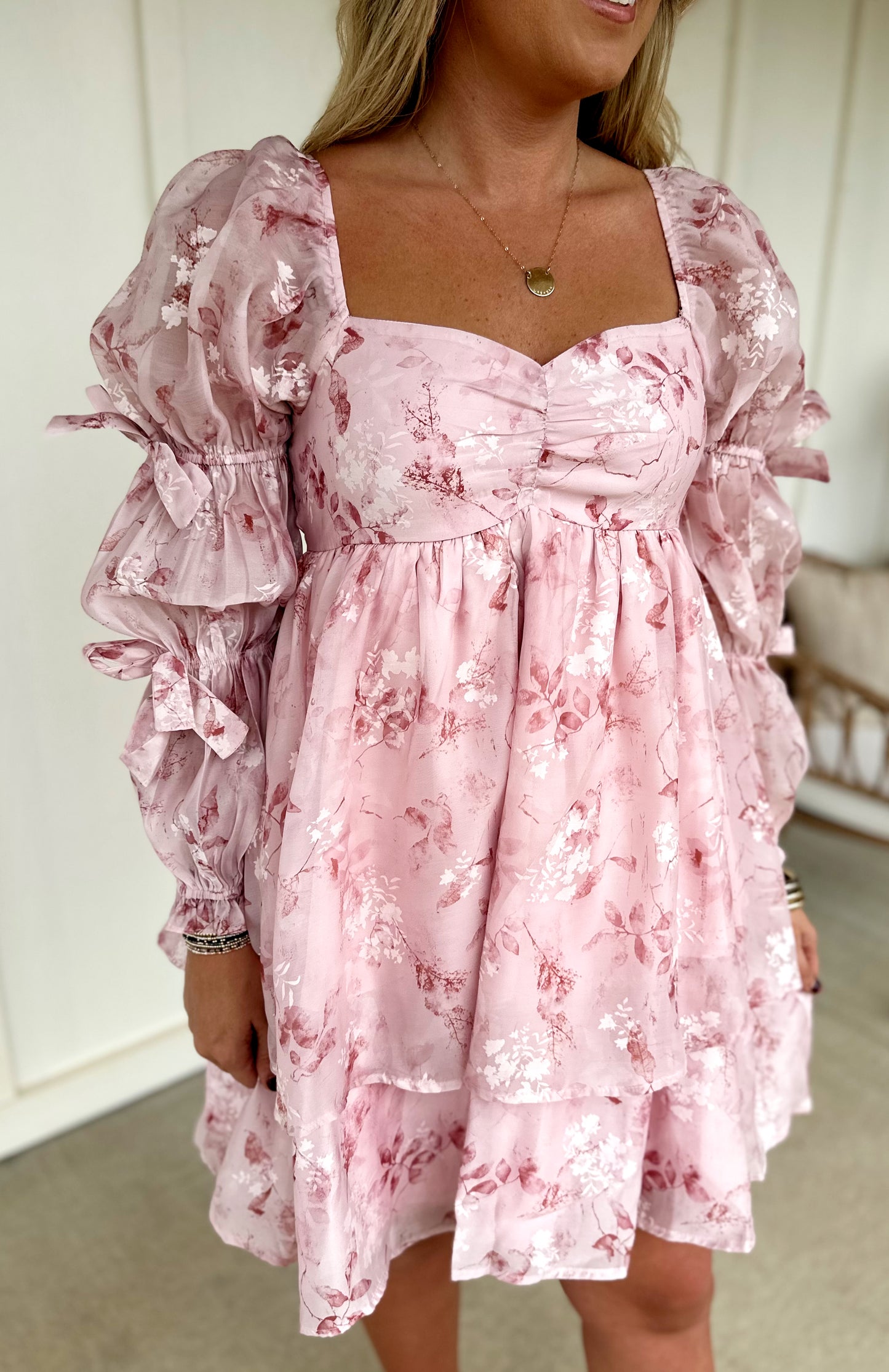 Pink Floral Bow Sleeve Dress