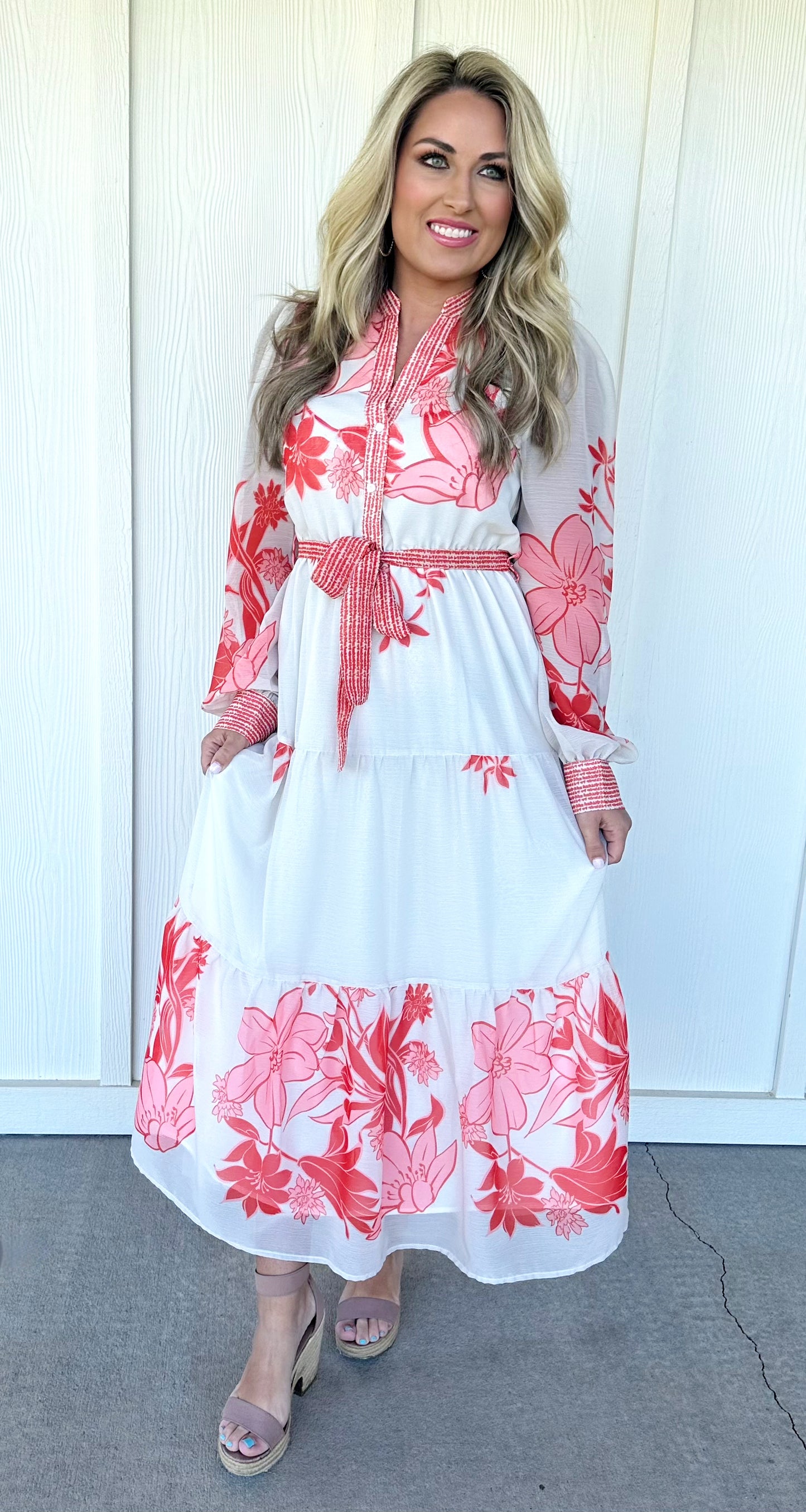 Coral/Ivory Floral Print Dress