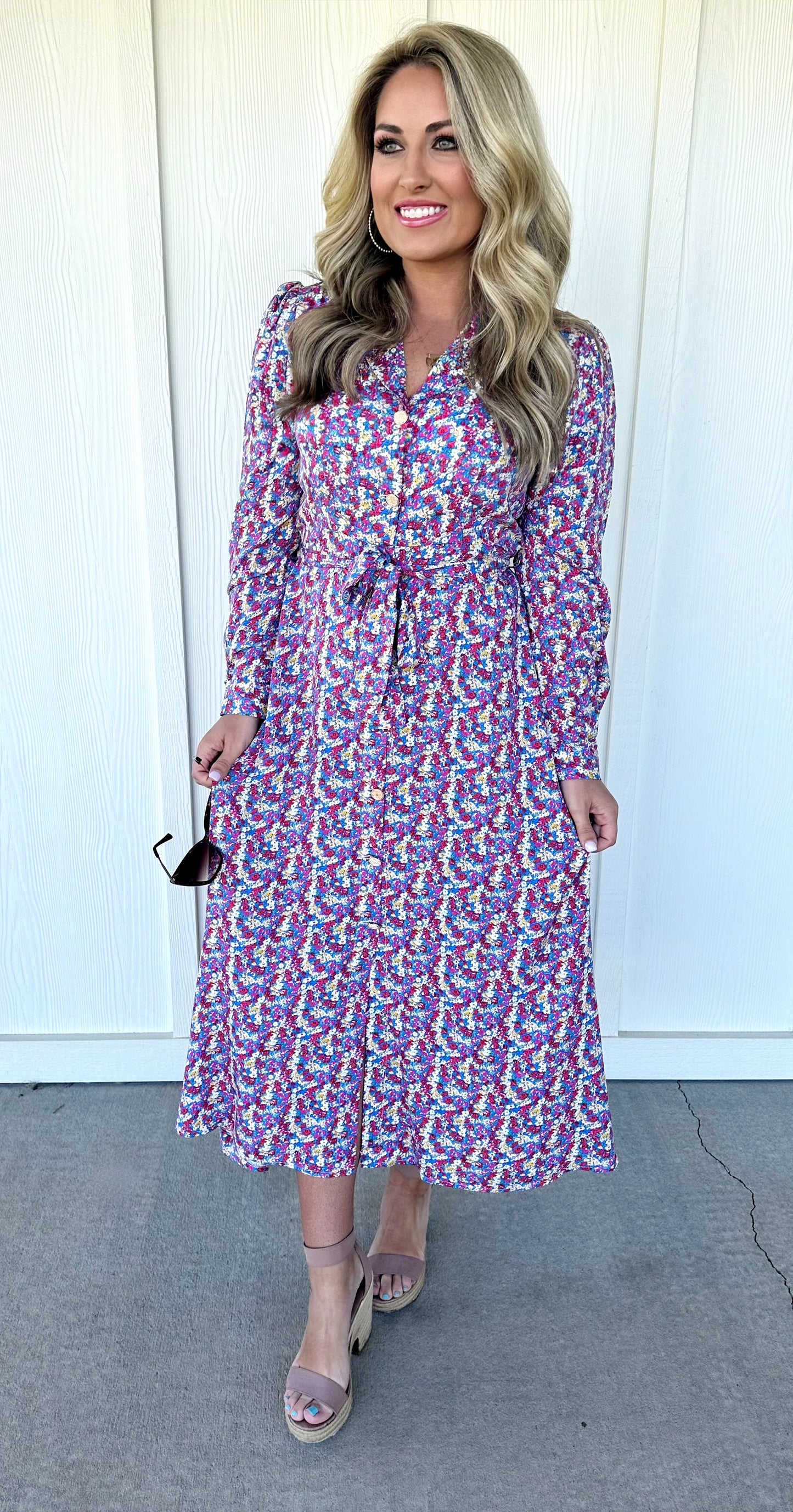 Long Sleeve Front Button Floral Midi