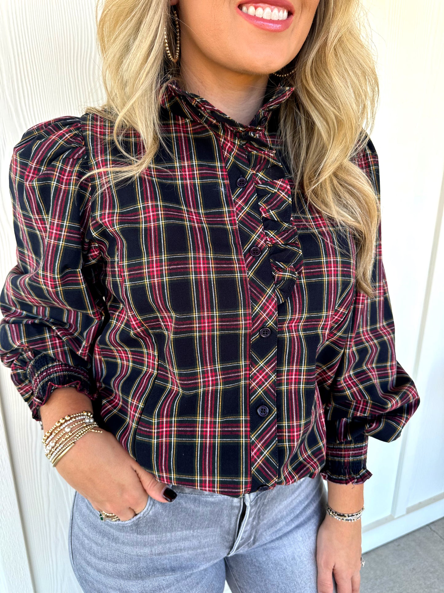 Navy Plaid Ruffle Top