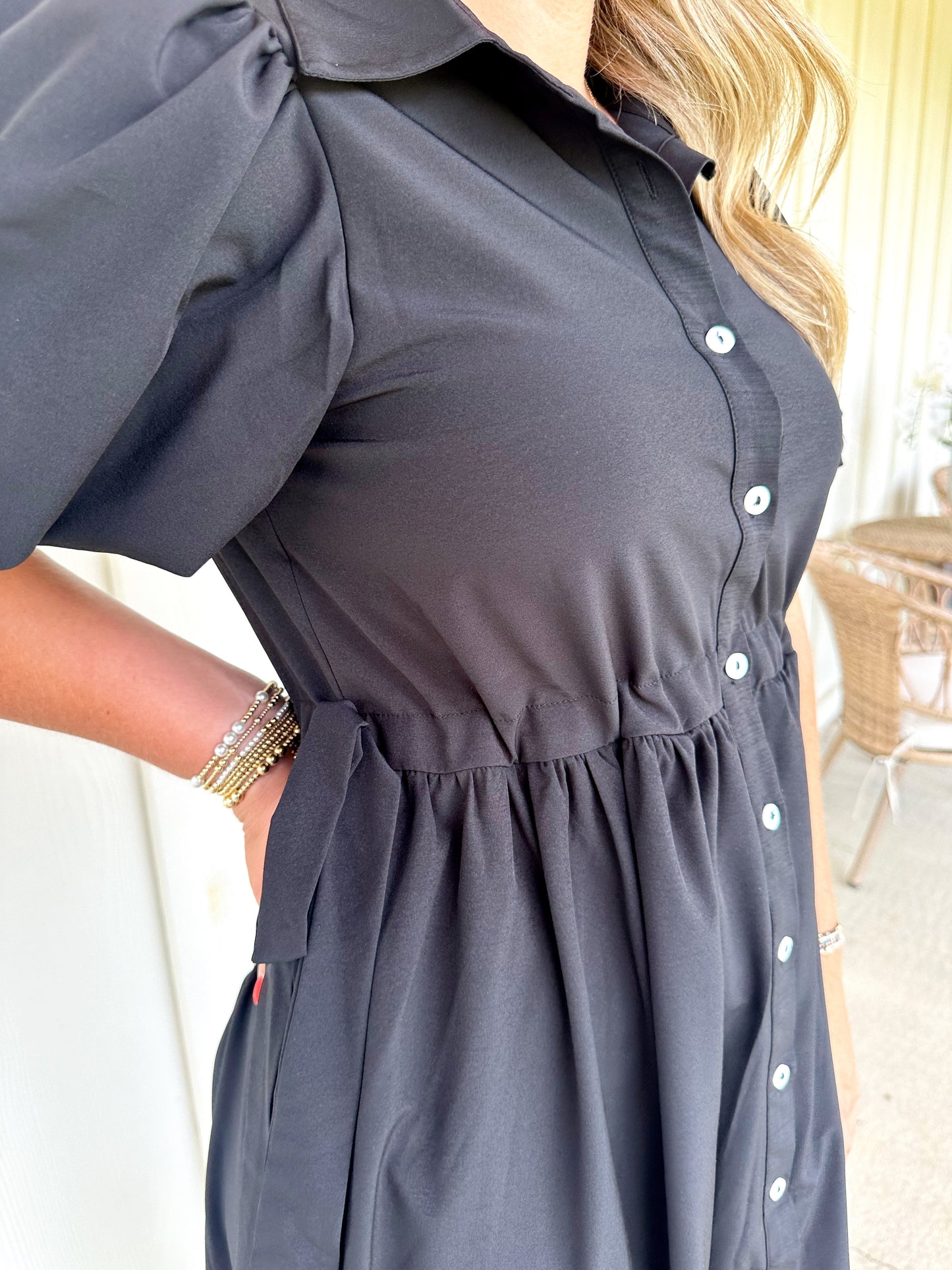 Black Solid Side Tie Midi Dress